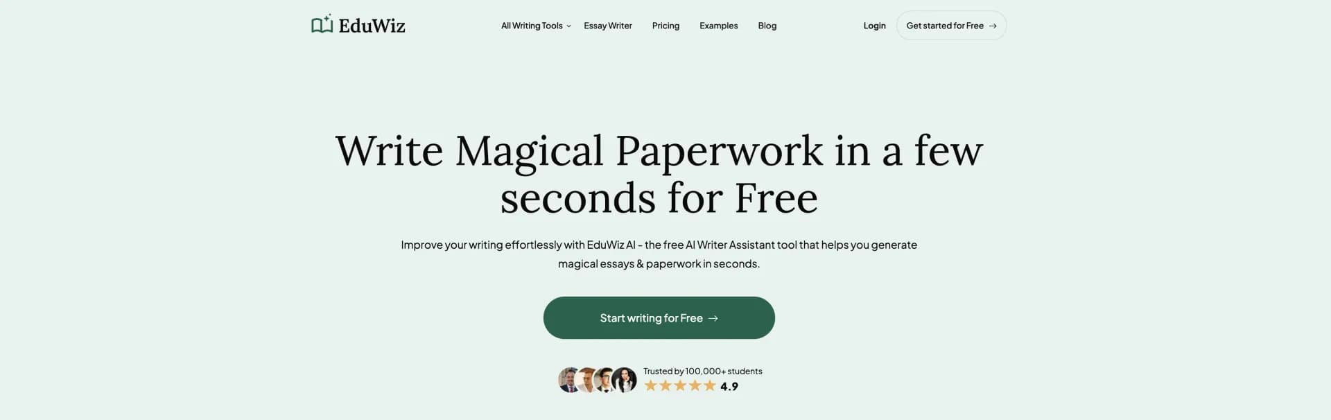 EduWiz homepage screenshot — Generate magical essays and paperwork in seconds.