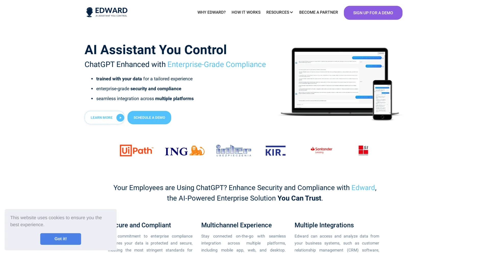 Edward homepage screenshot — Enterprise-grade AI assistant for businesses