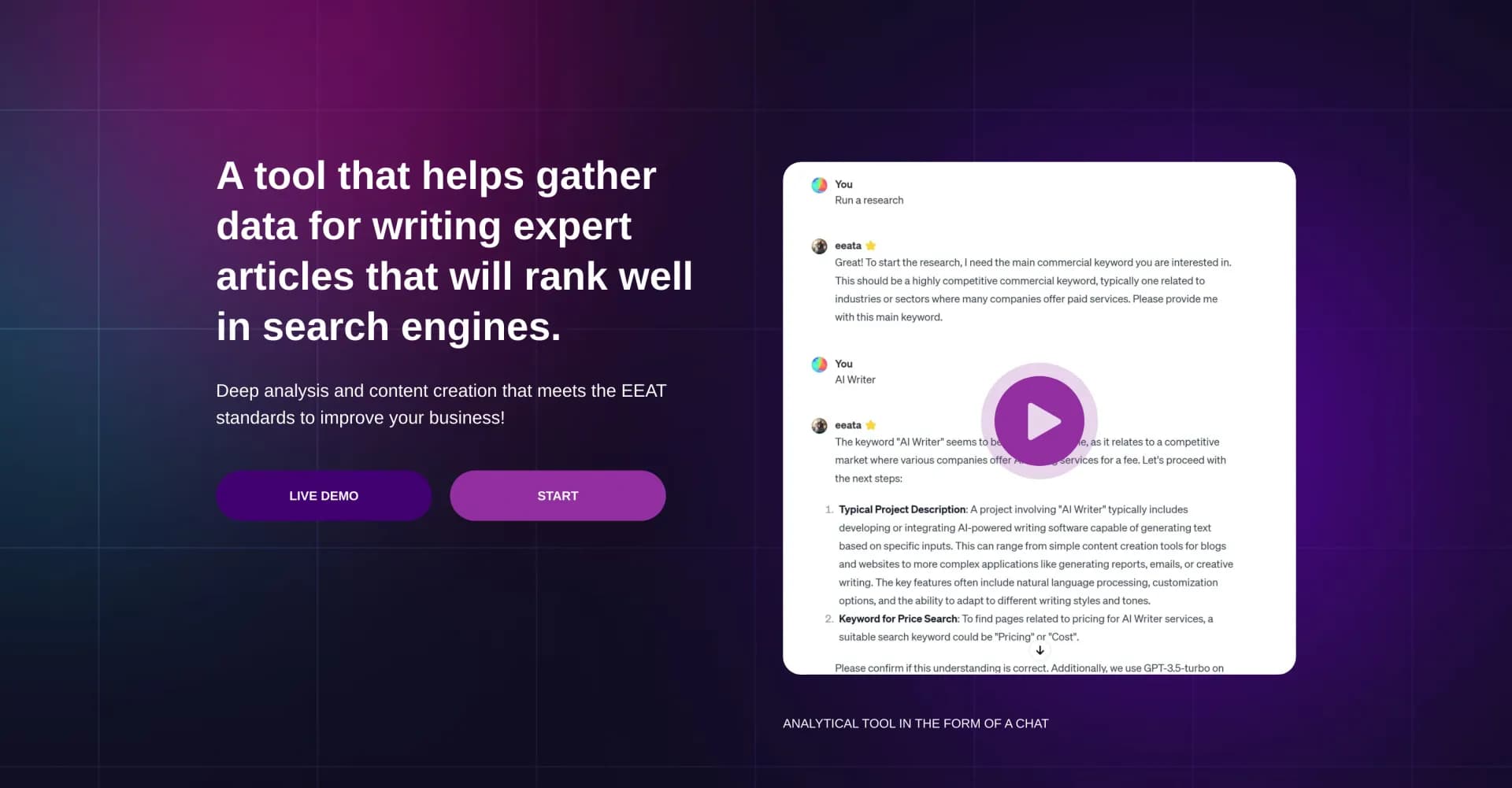 EEAT homepage screenshot — Gather expert data to rank well in search engines.
