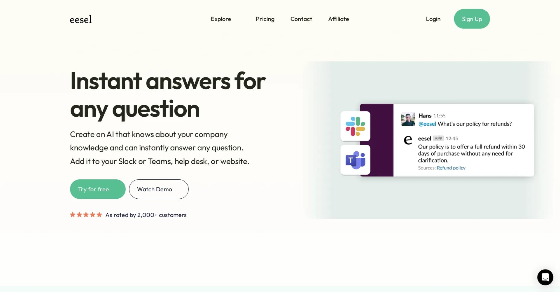 eesel AI homepage screenshot — Instant answers for any question in your Slack, help desk an