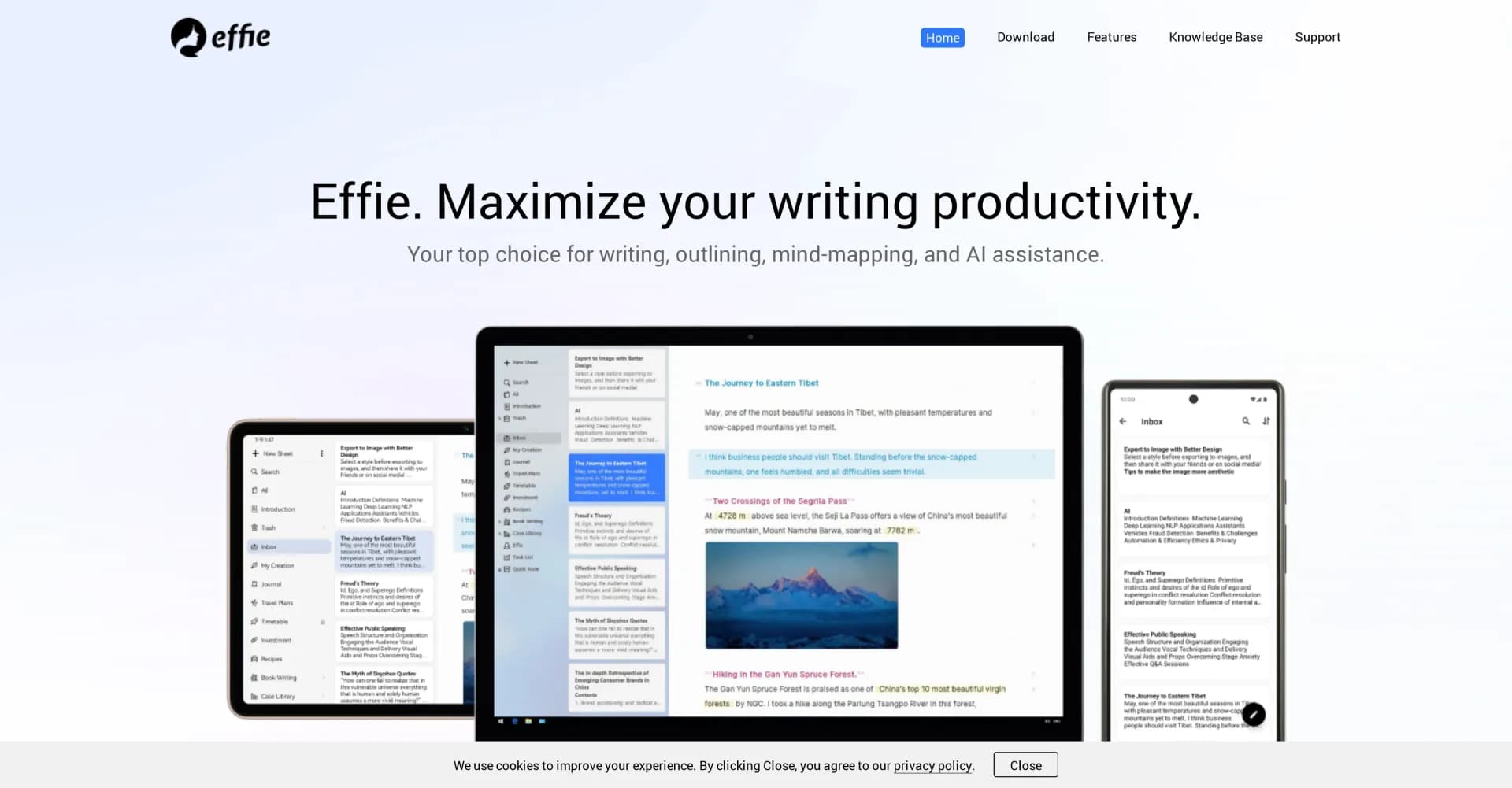Effie homepage screenshot — Visualize ideas and turn them into great writing.