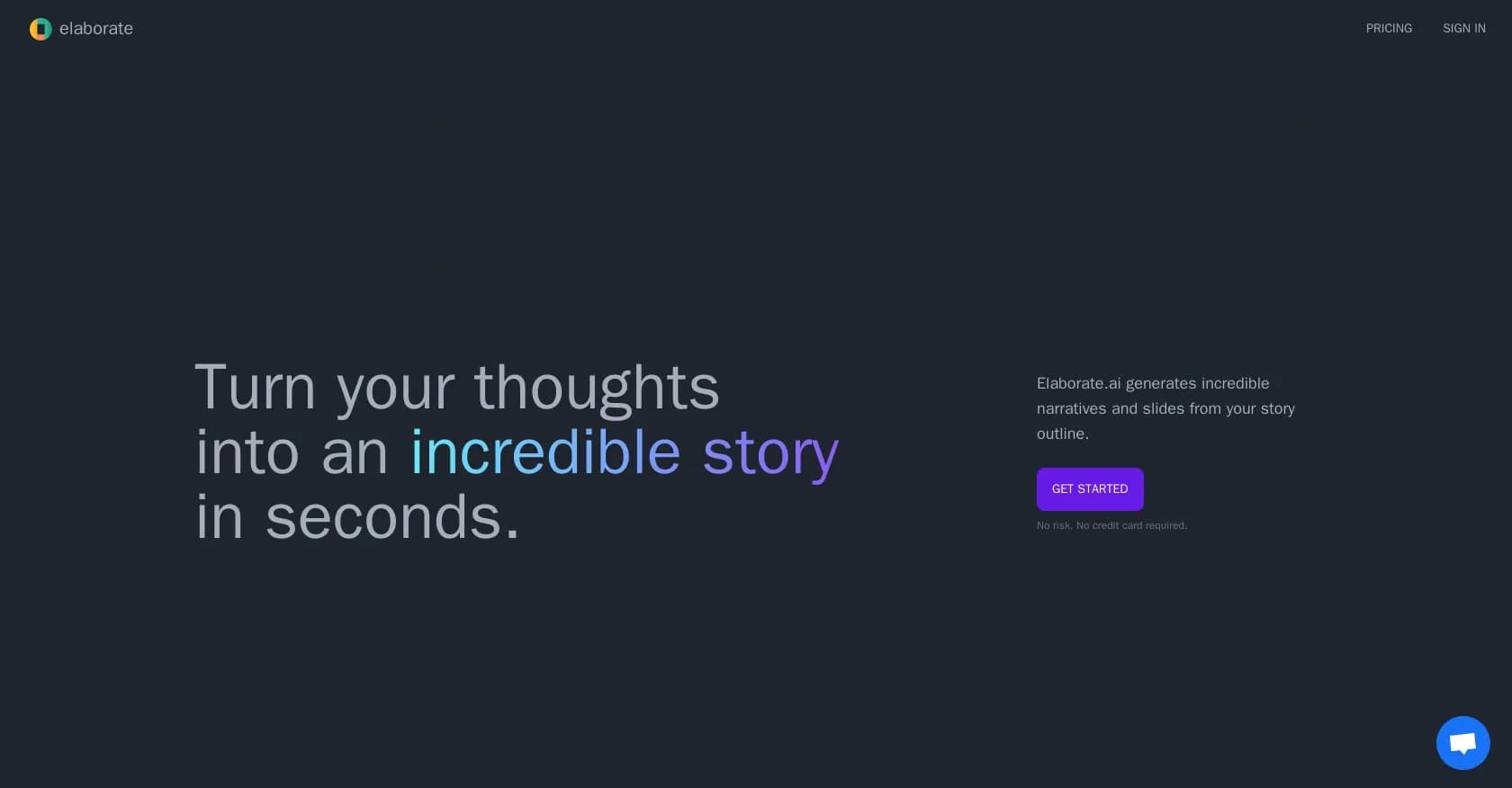 Elaborate homepage screenshot — Transform thoughts into incredible stories instantly.