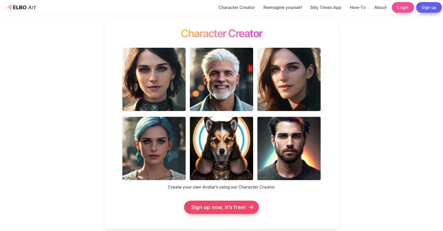 ELBO Art homepage screenshot — Express yourself through AI-generated art
