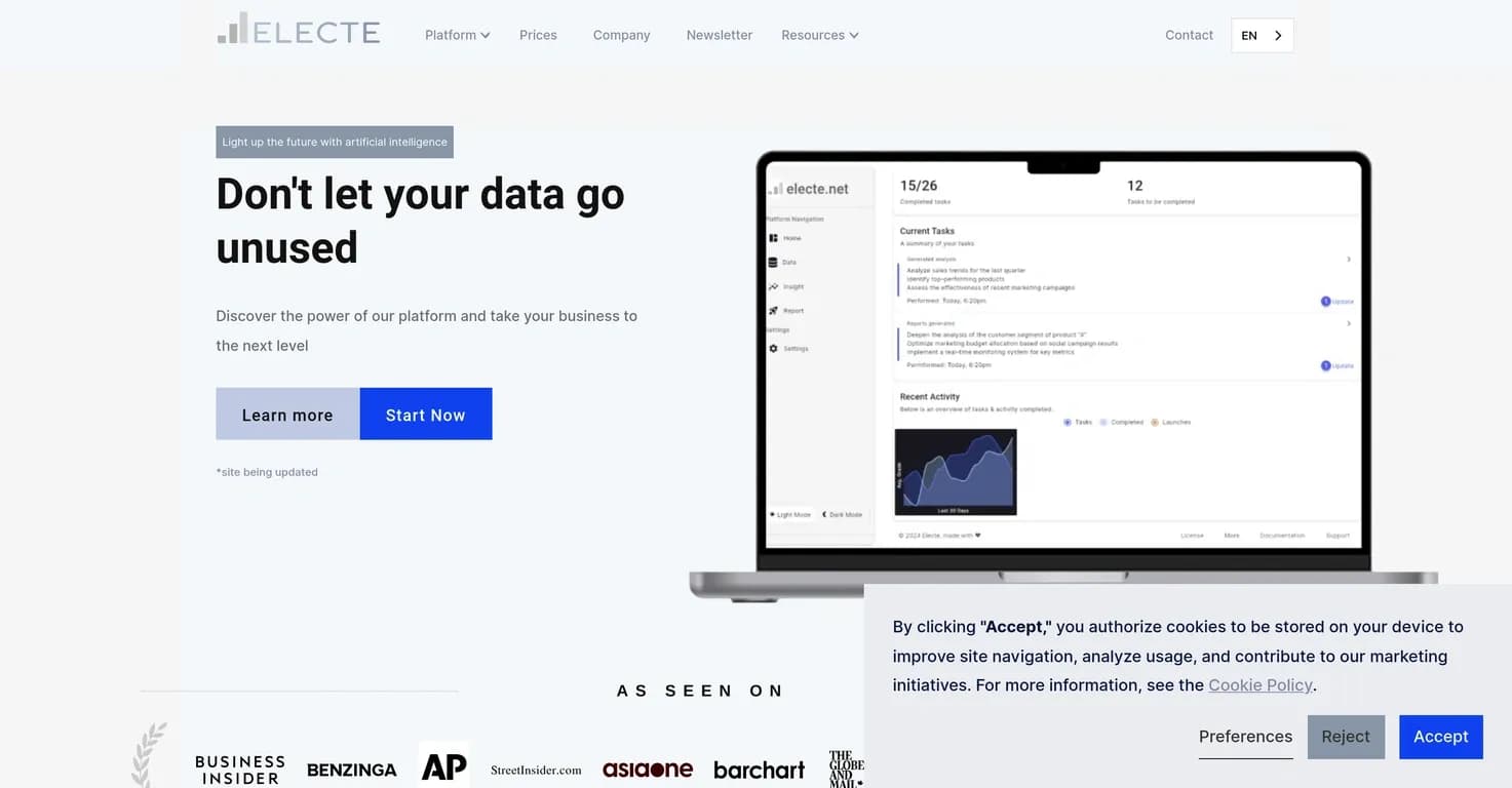 Electe homepage screenshot — Illuminate the future of your business with AI data analysis