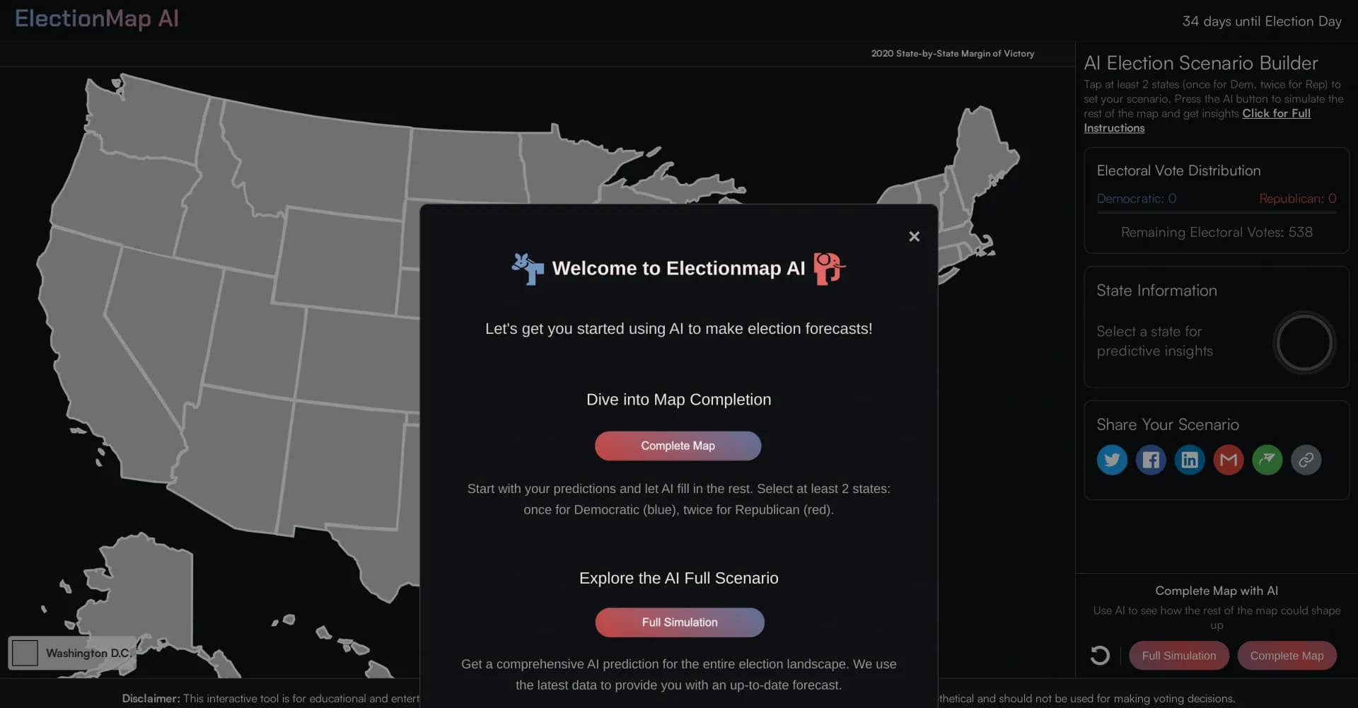 ElectionMap homepage screenshot — Simulate 2024 US election outcomes with AI