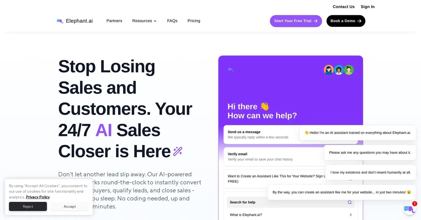 Elephant homepage screenshot — Your 24/7 AI sales closer and support expert