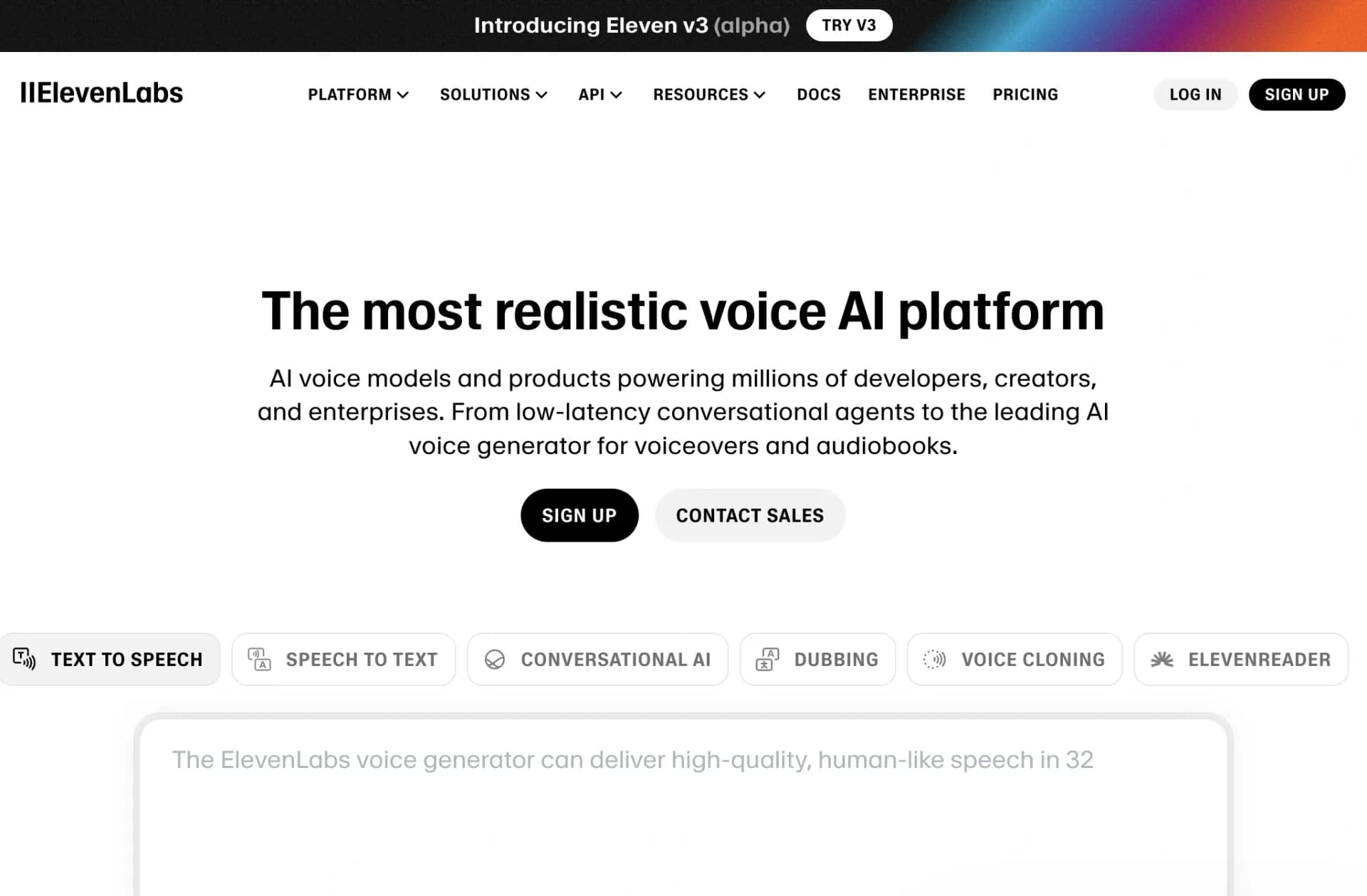 ElevenLabs AI Voice Generatorv1.33 homepage screenshot — Create lifelike AI voices for compelling storytelling.