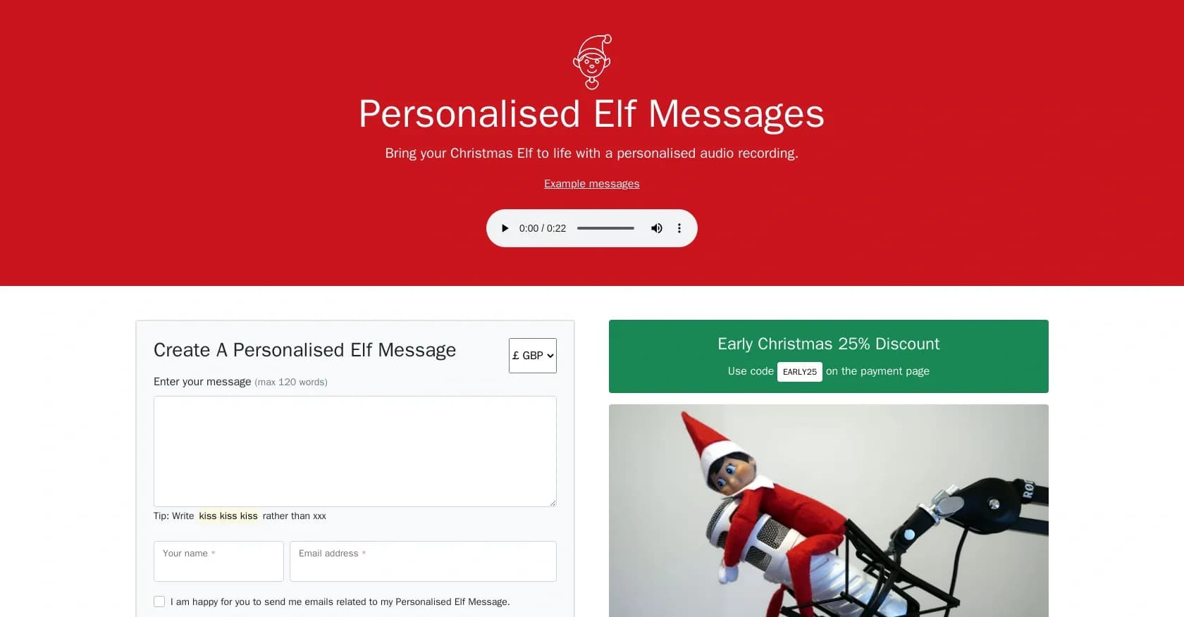 ElfMessages homepage screenshot — Bring Christmas Elves to life with personalized audio messag