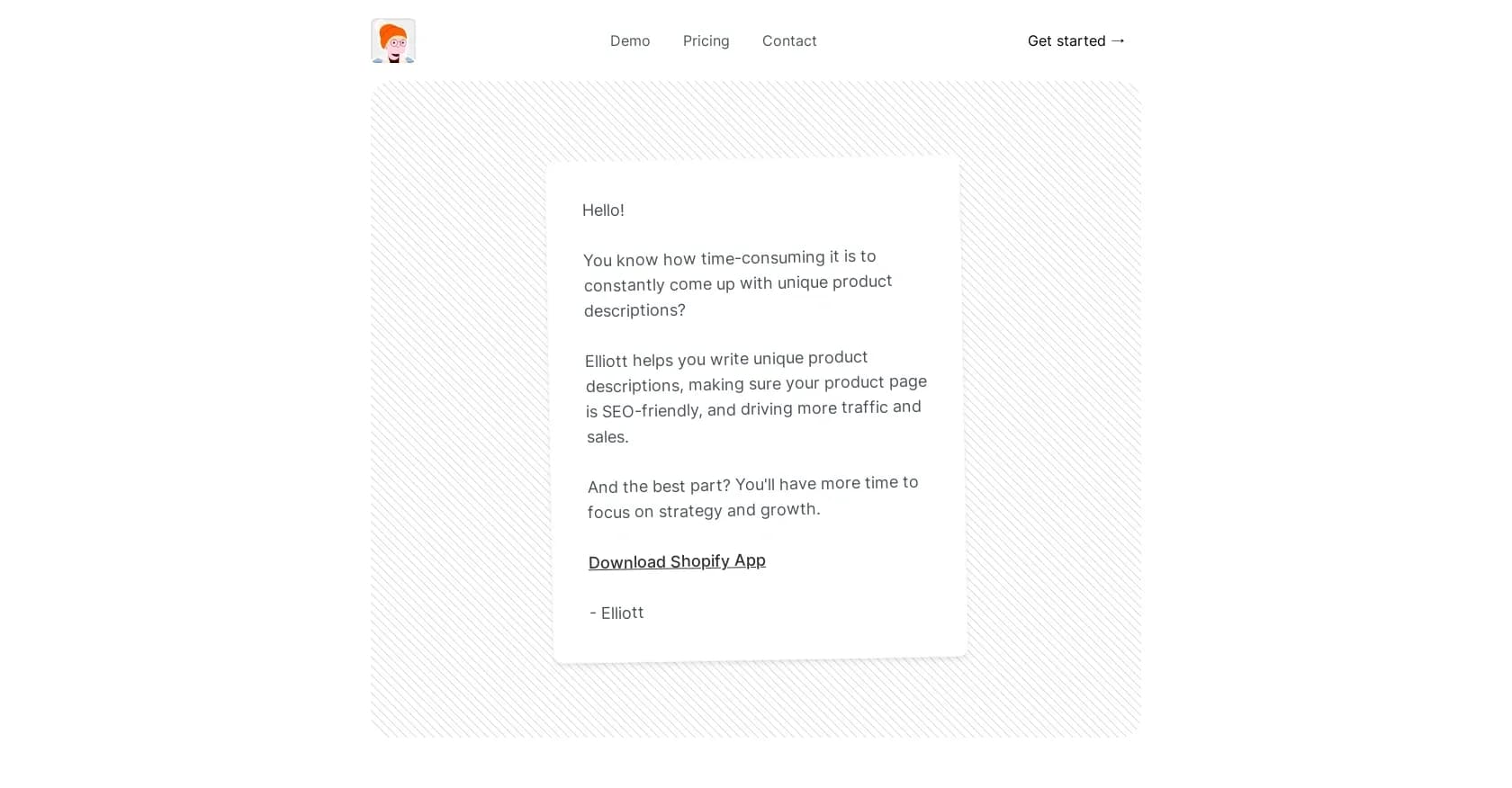 Elliott homepage screenshot — AI sidekick for Shopify: Write SEO-friendly product descript