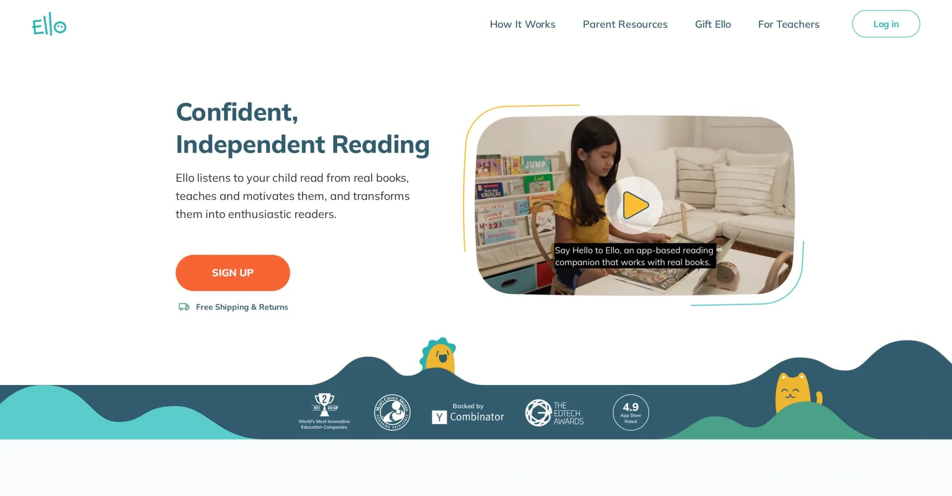 Ello homepage screenshot — AI reading coach for kids using real books