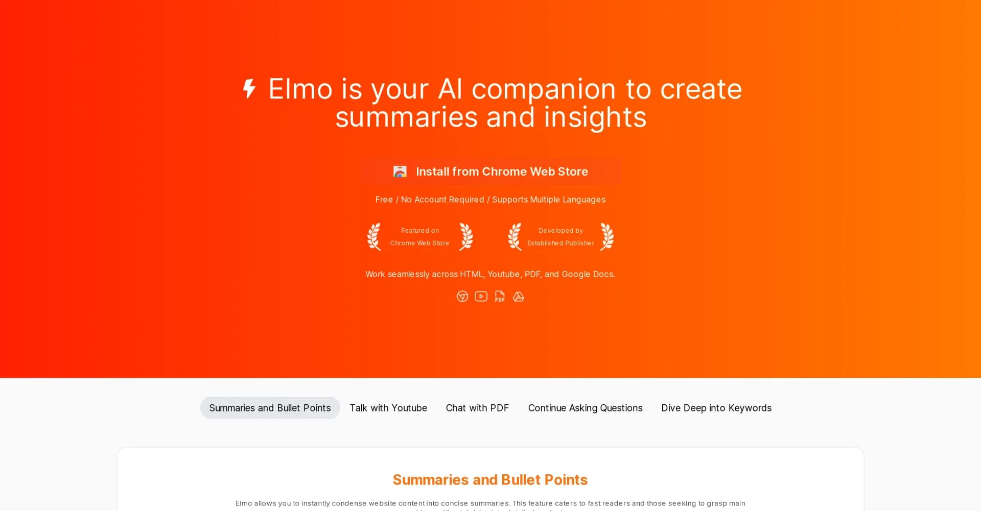 Elmo homepage screenshot — AI companion for instant summaries and insights