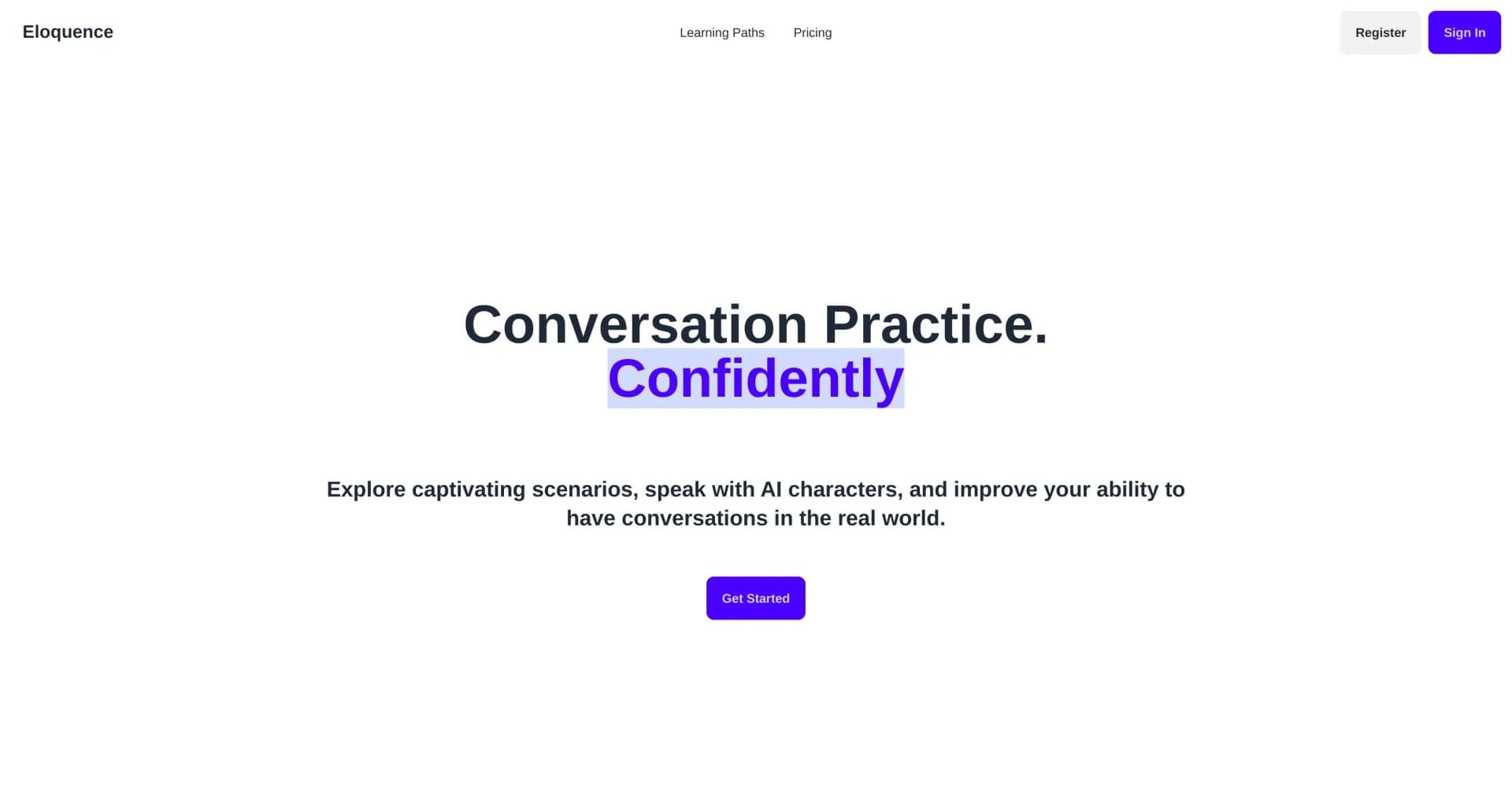 Eloquence homepage screenshot — Practice conversations with AI to boost real-world language 