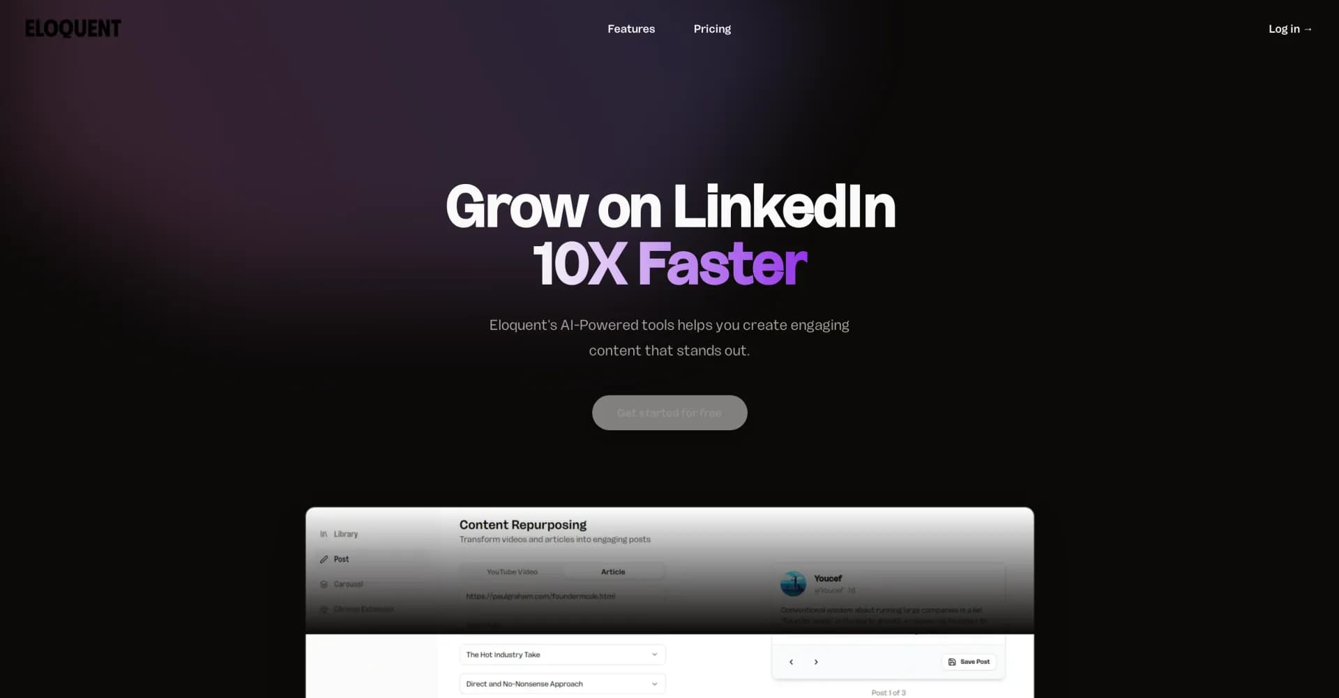 Eloquent homepage screenshot — AI-powered tools to grow on LinkedIn 10X faster