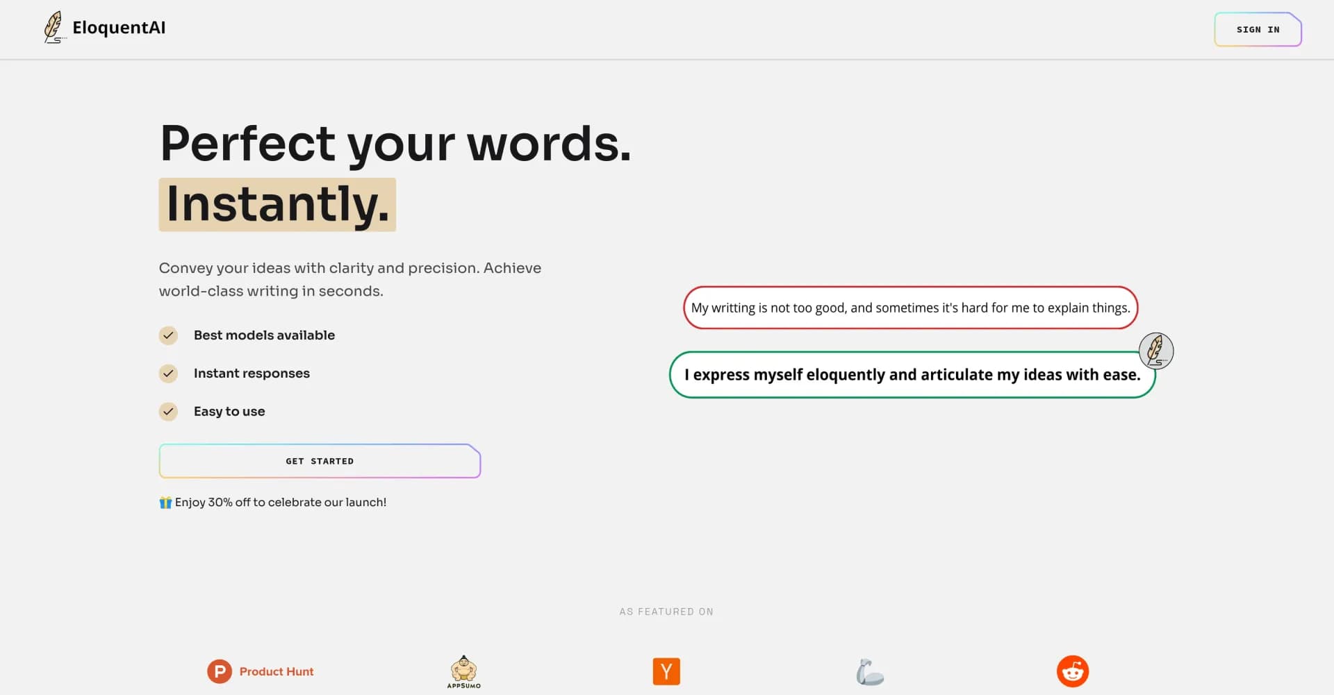 EloquentAI homepage screenshot — AI-powered writing assistant for eloquent content