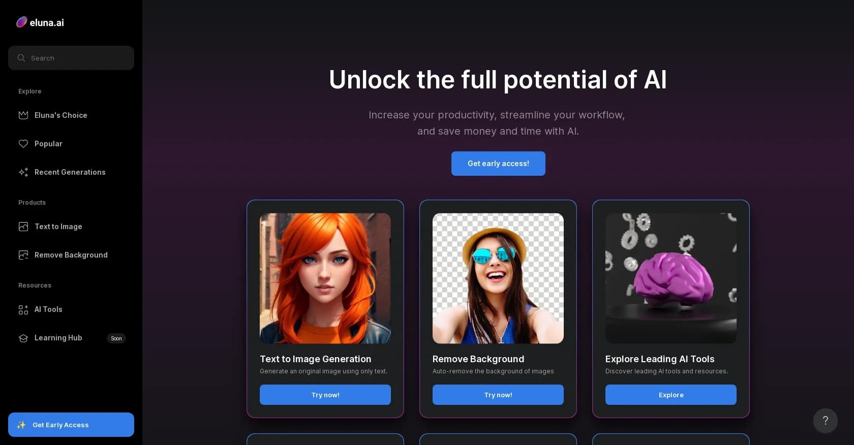 Eluna homepage screenshot — Unlock AI's potential to boost productivity and save time
