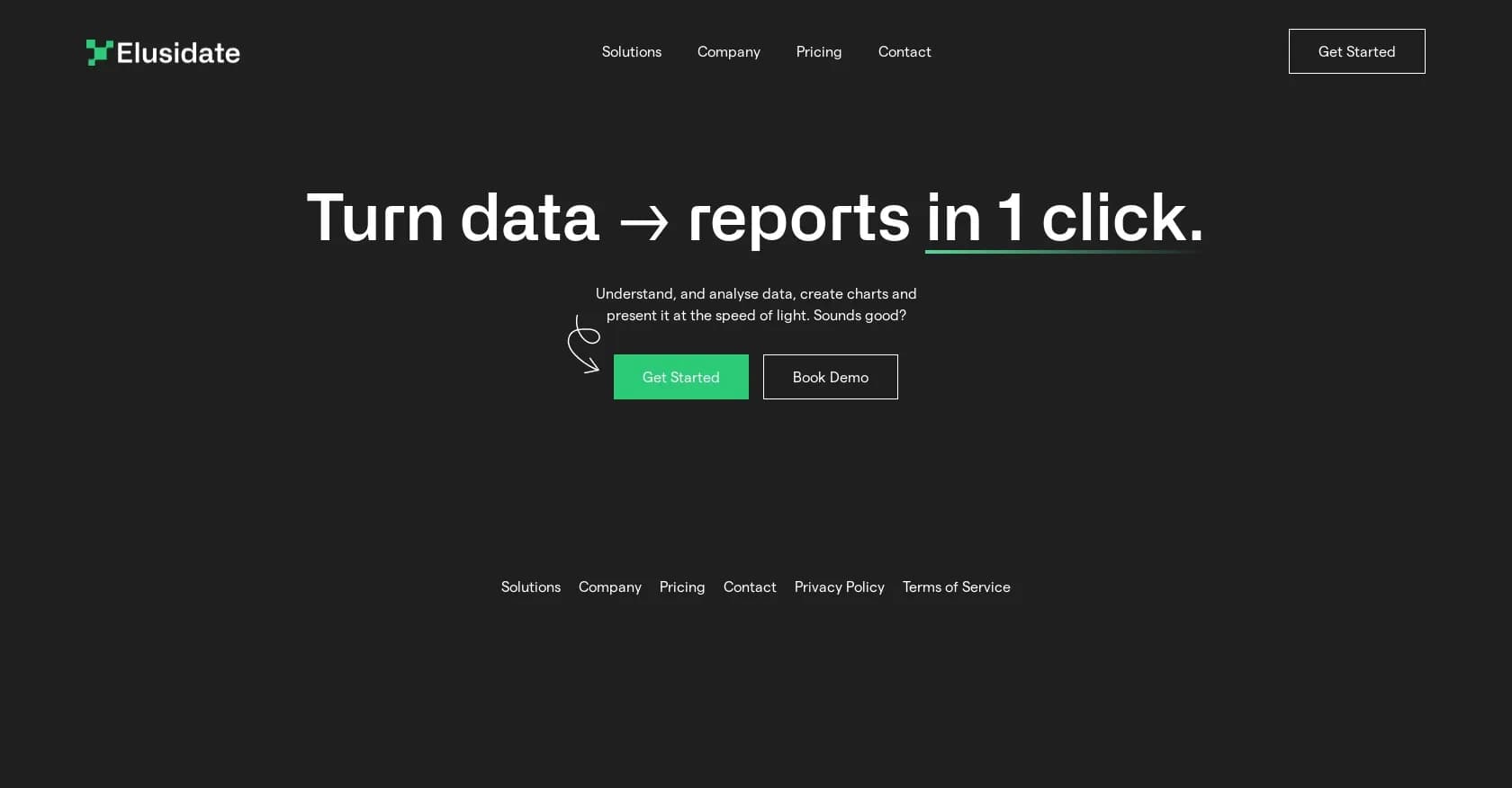 ElusidateAI homepage screenshot — Data to presentation in minutes.