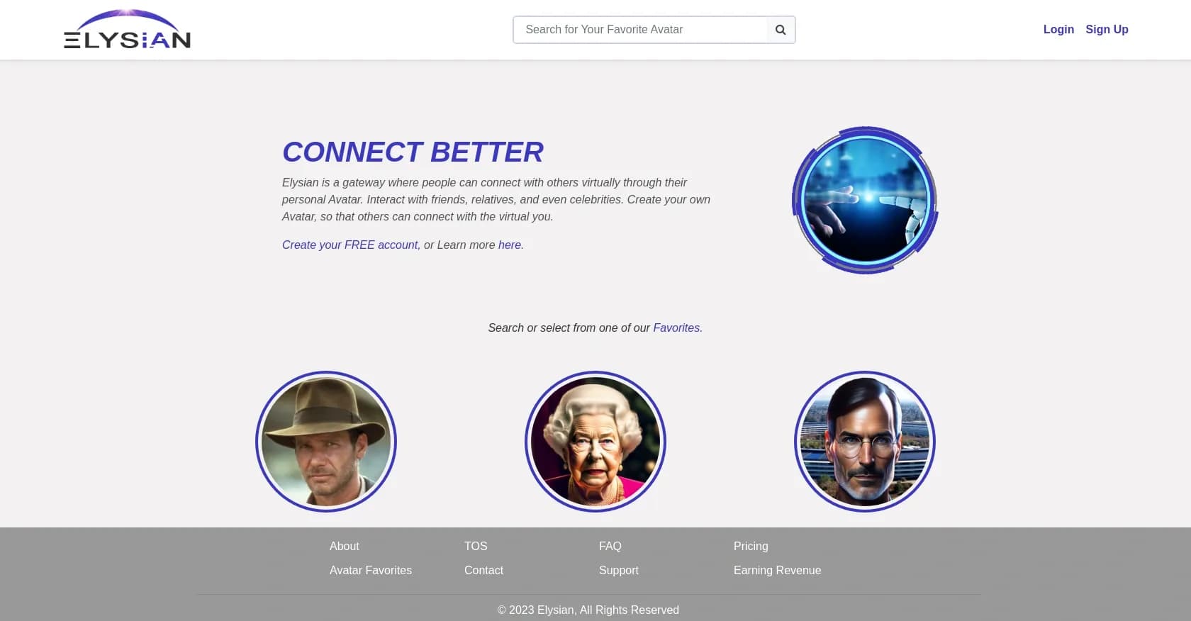 ELYSIAN homepage screenshot — Connect virtually through personal Avatars