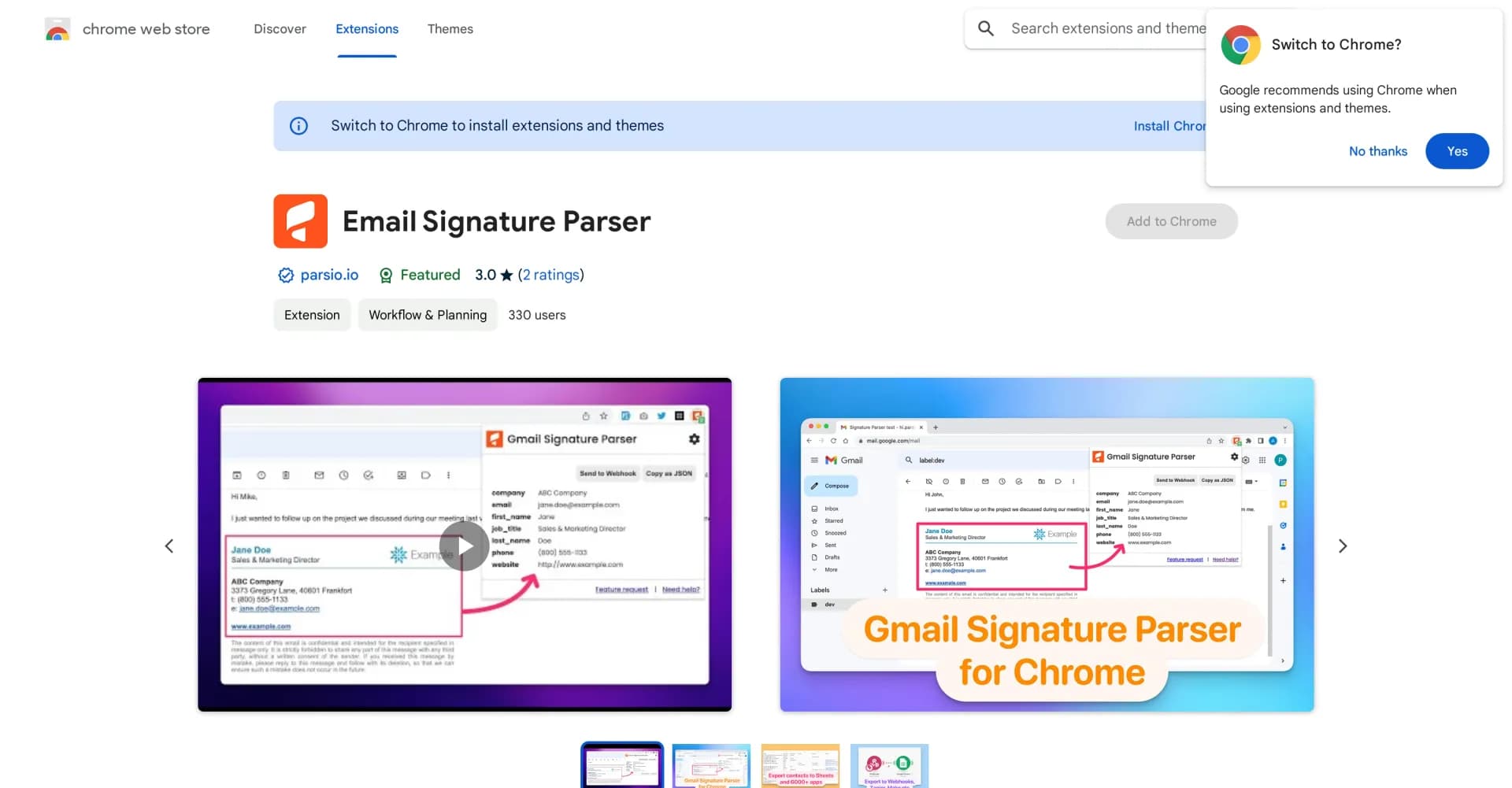 Email Signature Parser homepage screenshot — Extract contact data from email signatures using AI.