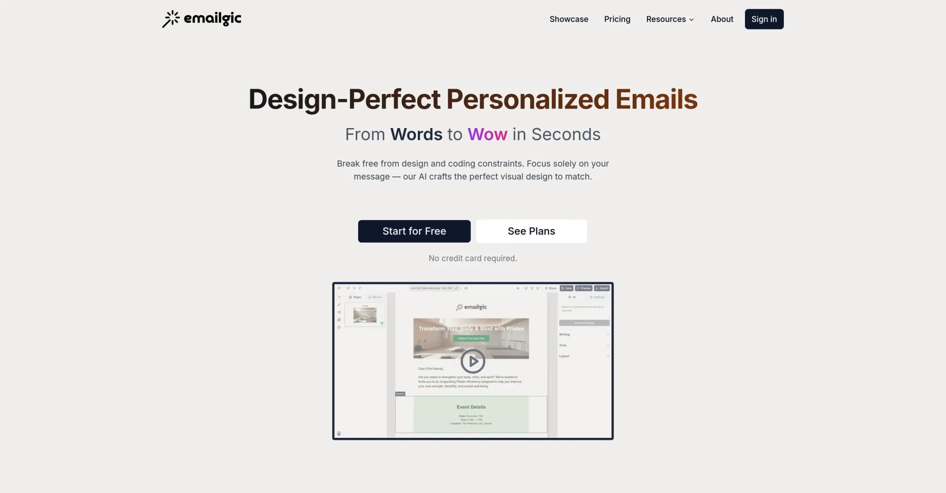Emailgic homepage screenshot — AI-powered email design assistant for stunning templates.