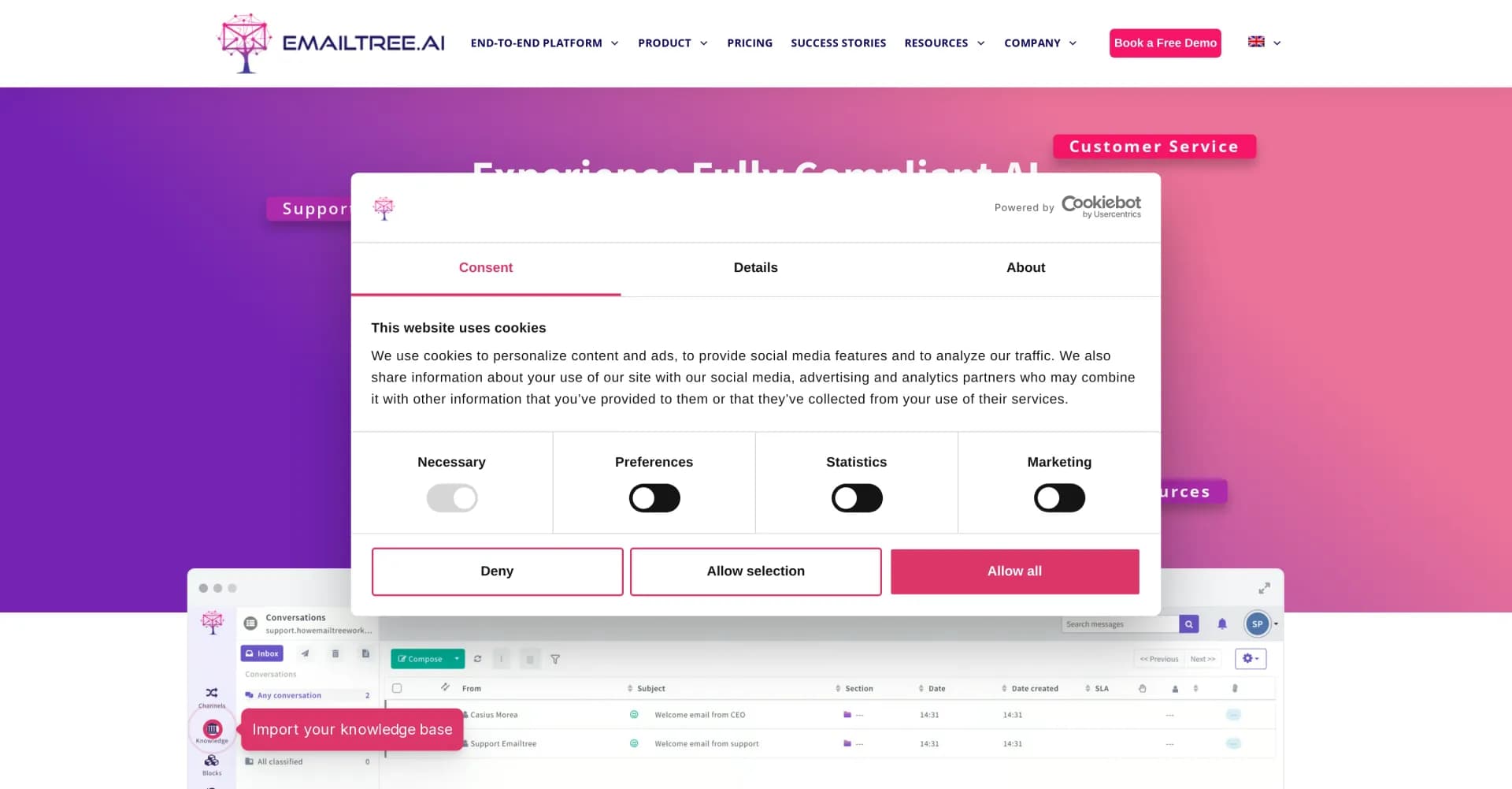 Emailtree homepage screenshot — Elevate customer service with AI-powered email automation.