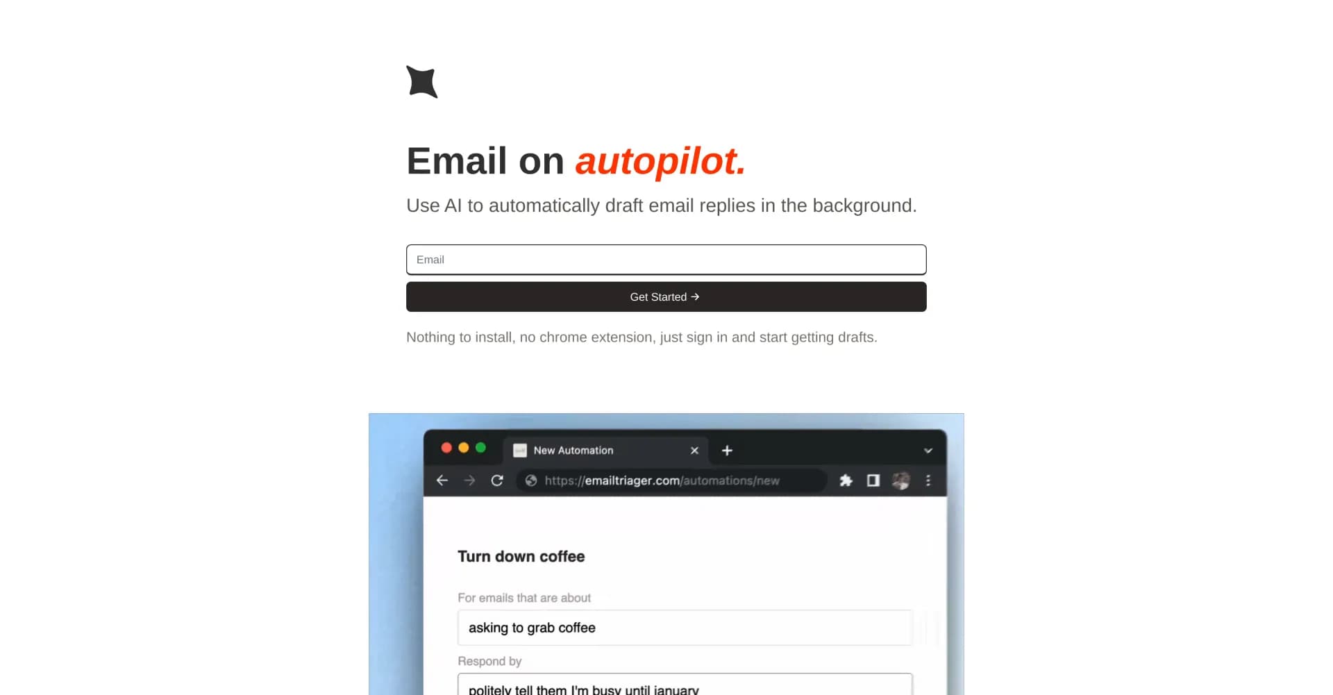 EmailTriager homepage screenshot — Email on autopilot: AI drafts replies automatically.