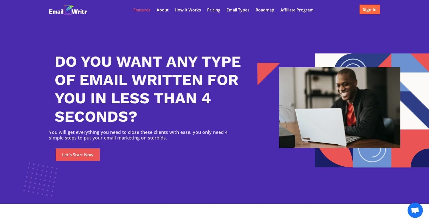 EmailWritr homepage screenshot — Create high-converting email sequences in seconds.