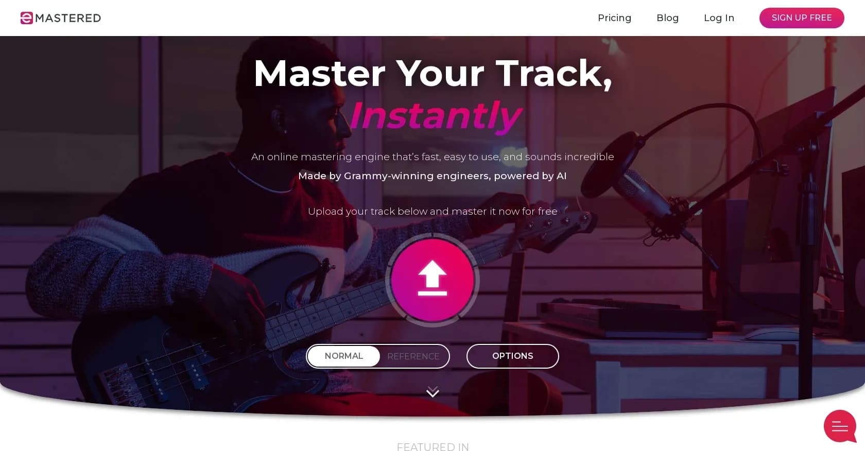 eMastered homepage screenshot — Master your track instantly with AI-powered audio mastering.