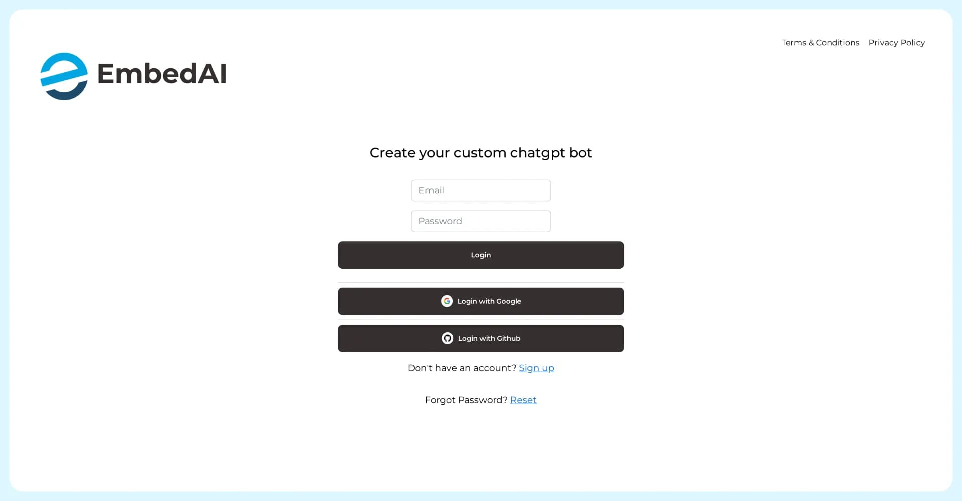 Embed AI homepage screenshot — Create ChatGPT-powered chatbots with your data