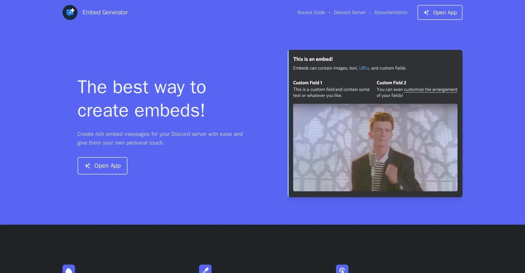 Embed Generator homepage screenshot — Create rich Discord embeds with ease.