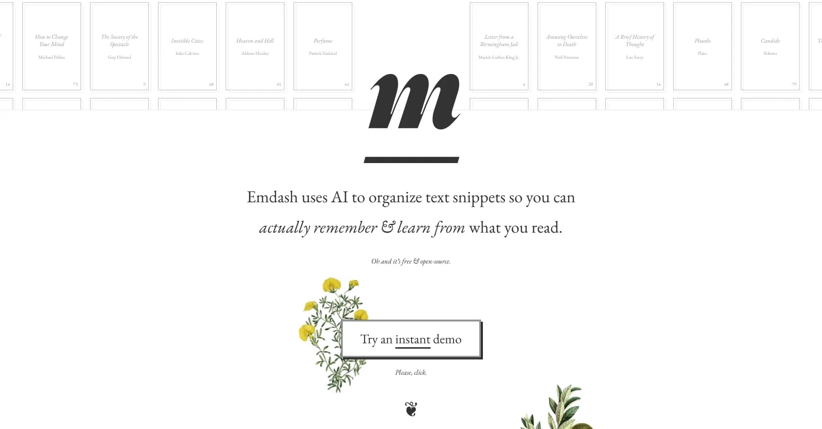 Emdash homepage screenshot — AI-powered book highlight organizer for better learning