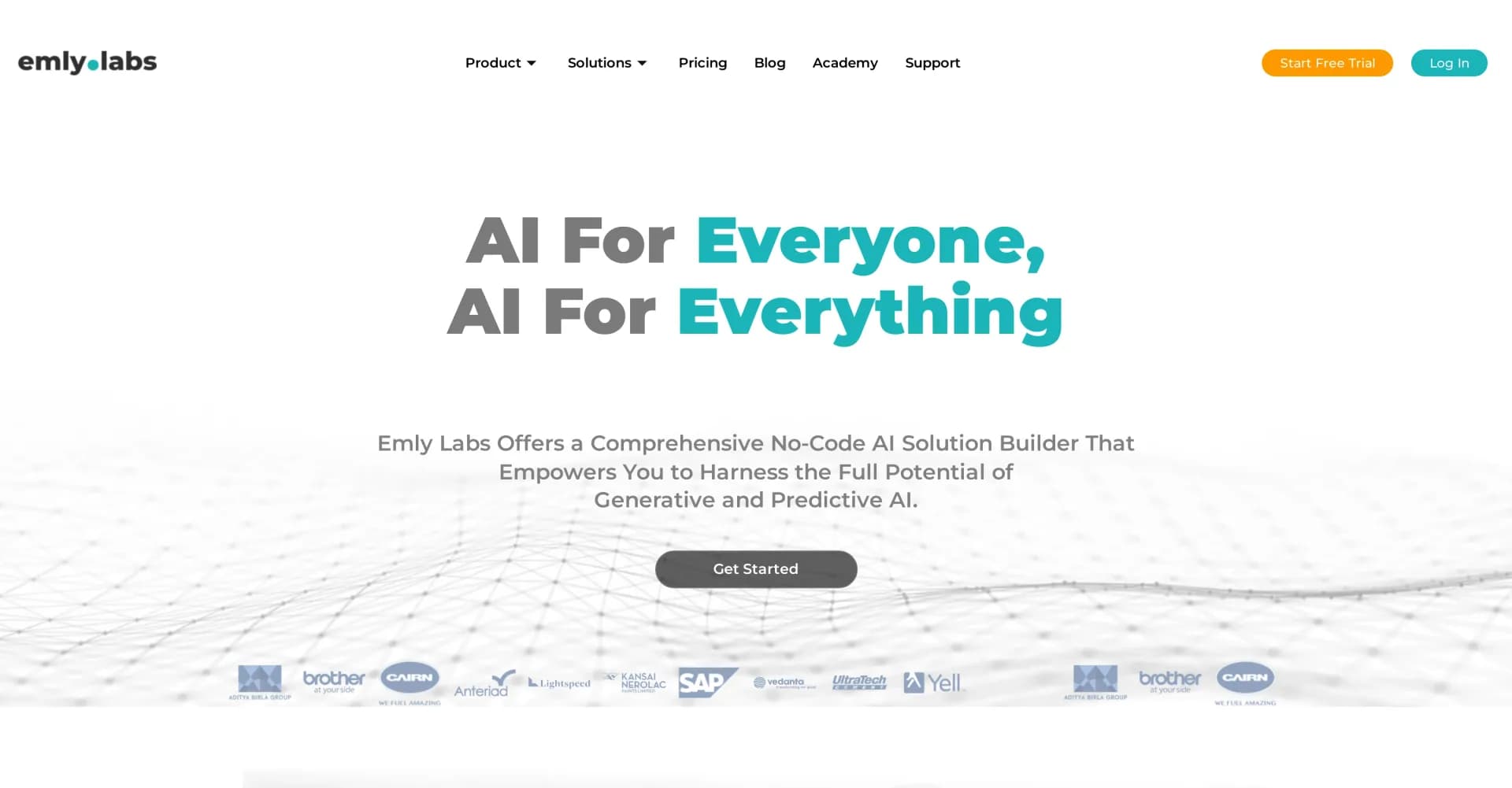 Emly Labs homepage screenshot — No-code AI framework for easy adoption and automation