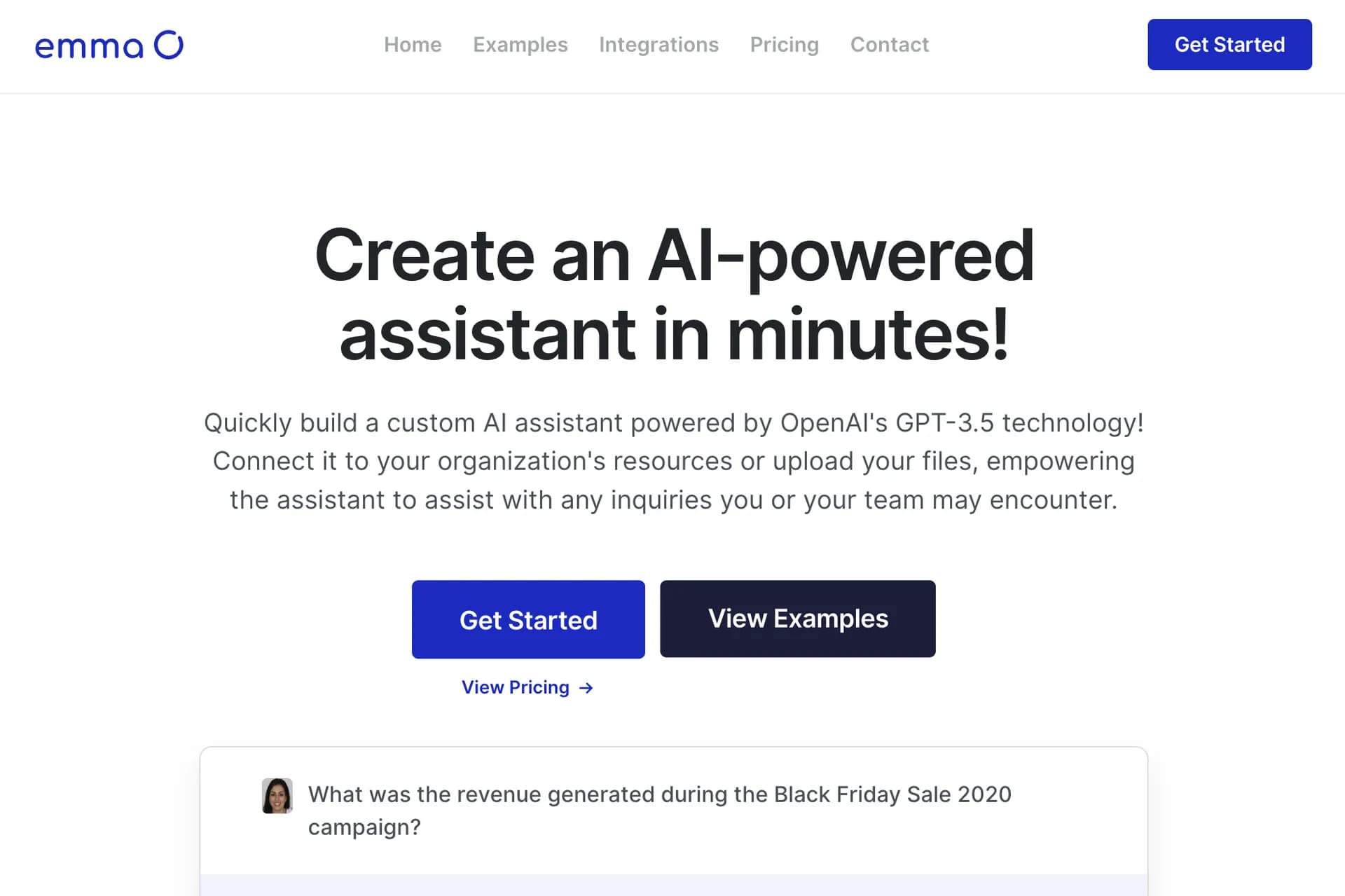 Emma AI homepage screenshot — Create custom AI assistants in minutes.