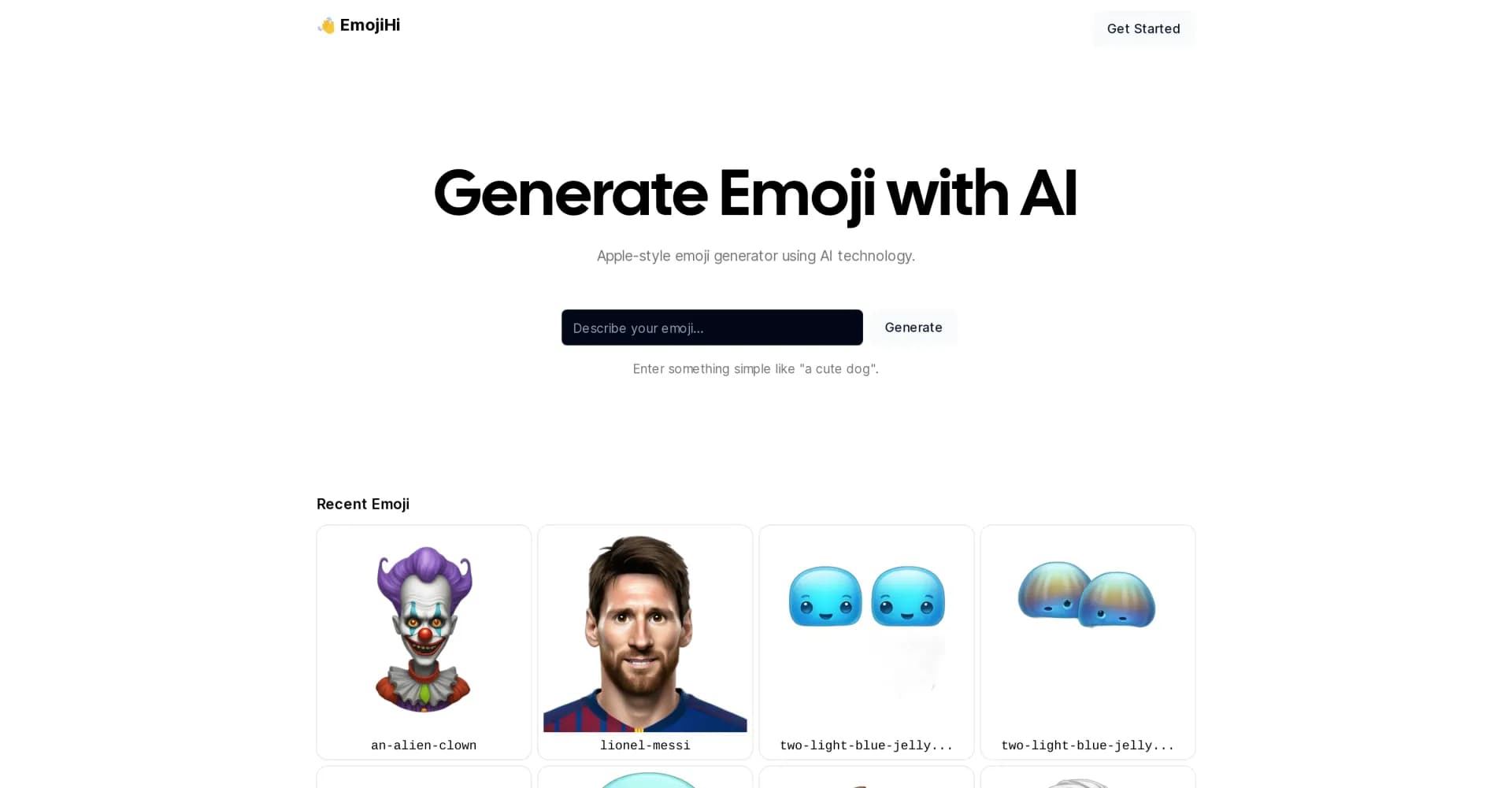 EmojiHi homepage screenshot — Create custom Apple-style emojis with AI.