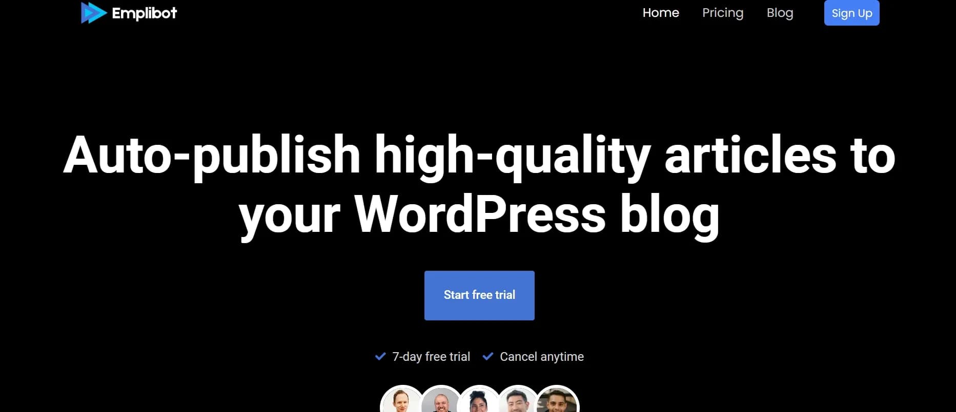 Emplibotv1.1.0 homepage screenshot — Automatically publishes SEO-friendly articles to your WordPr