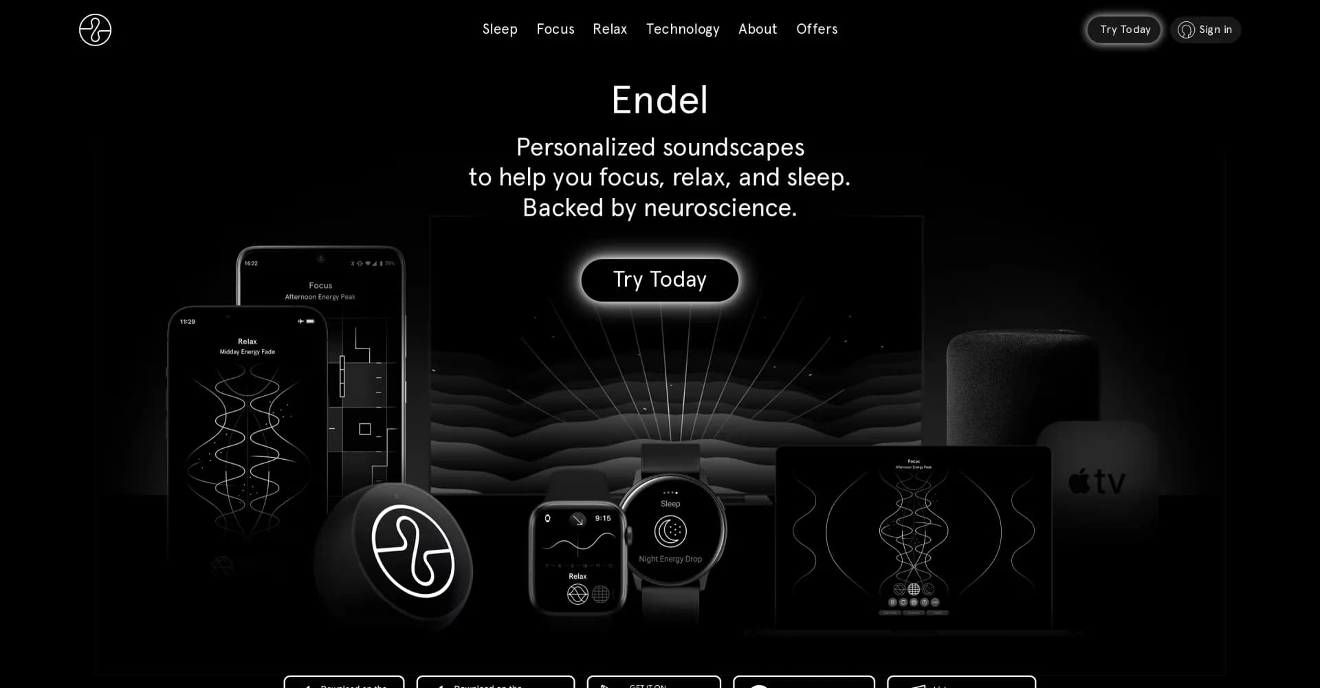 Endel homepage screenshot — Personalized soundscapes for focus, relaxation, and sleep.