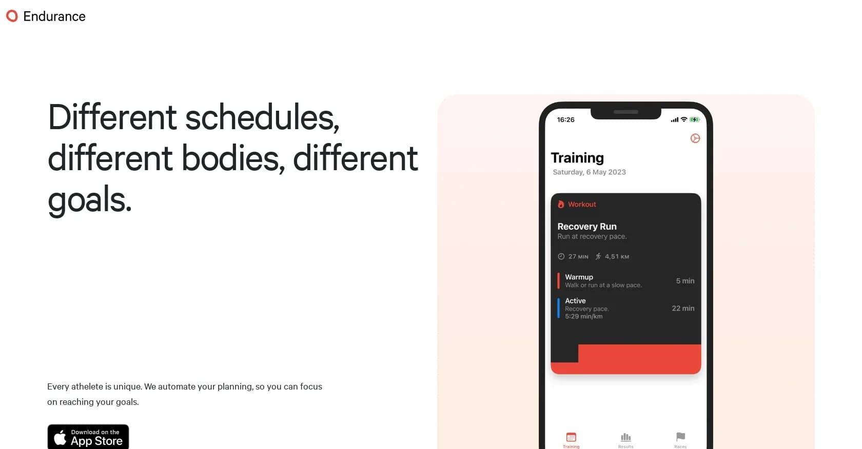 Endurance homepage screenshot — AI-powered training plans for endurance athletes.