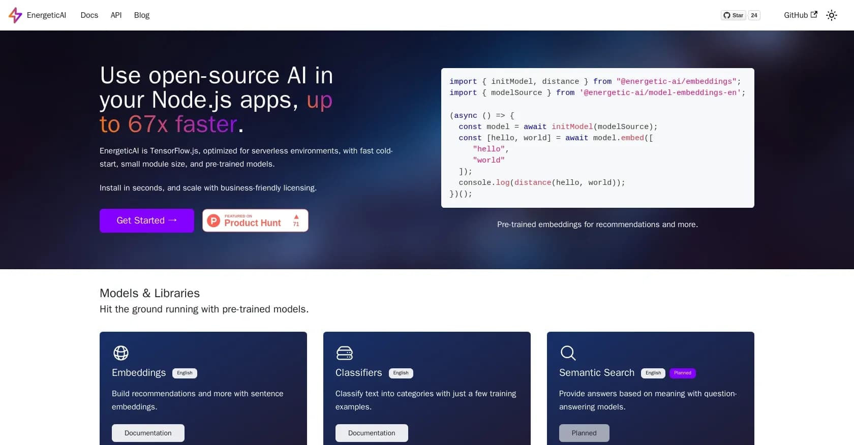 EnergeticAI homepage screenshot — Open-source AI for Node.js, 67x faster