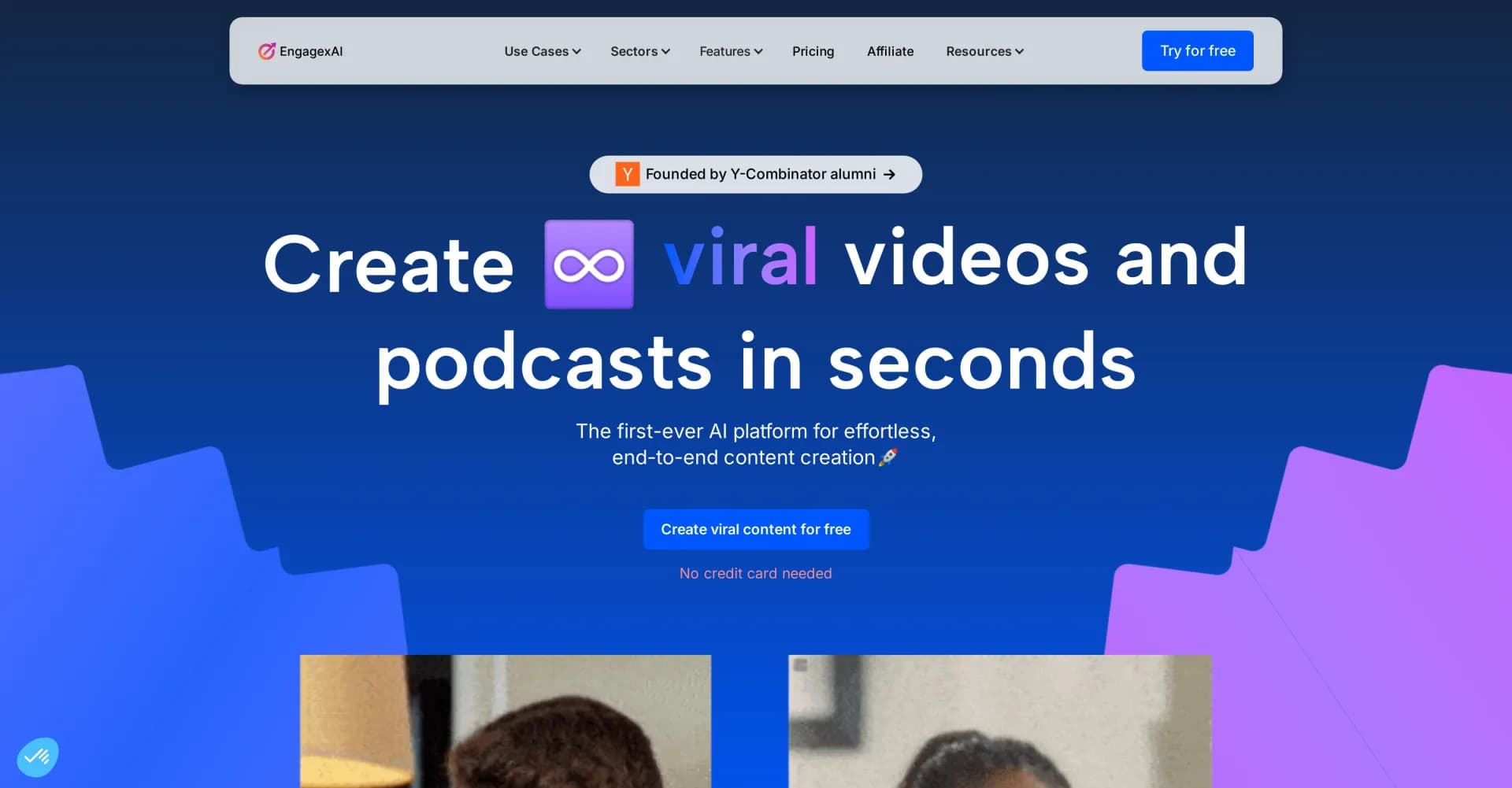 EngagexAI homepage screenshot — Create viral videos and podcasts in seconds with AI