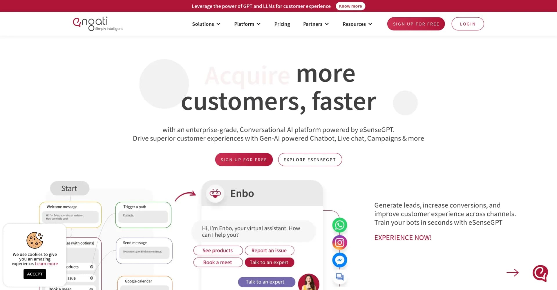 Engati homepage screenshot — AI chatbot platform for real-time conversations across messa