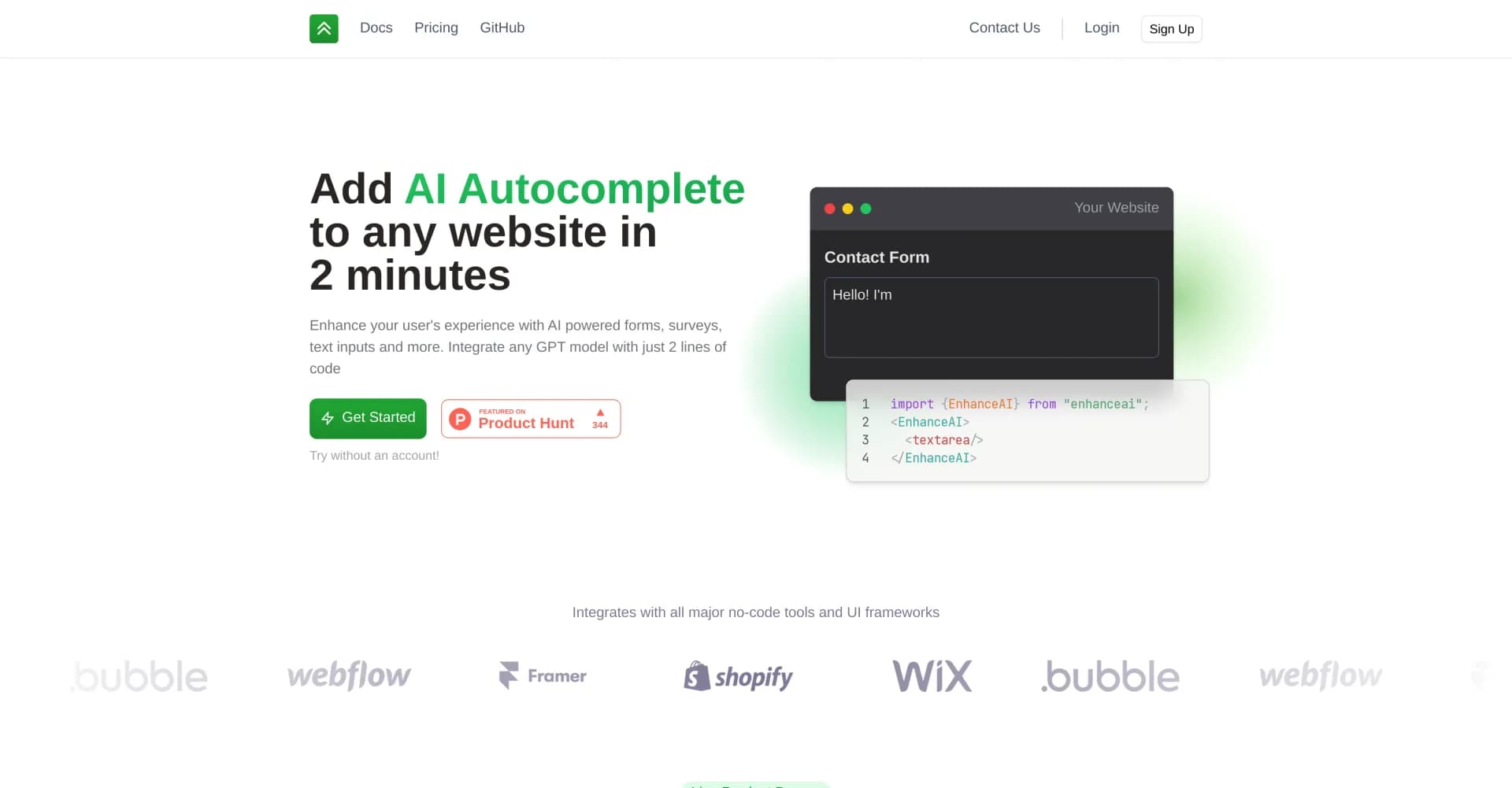 Enhance AI homepage screenshot — Add AI Autocomplete to any website in minutes