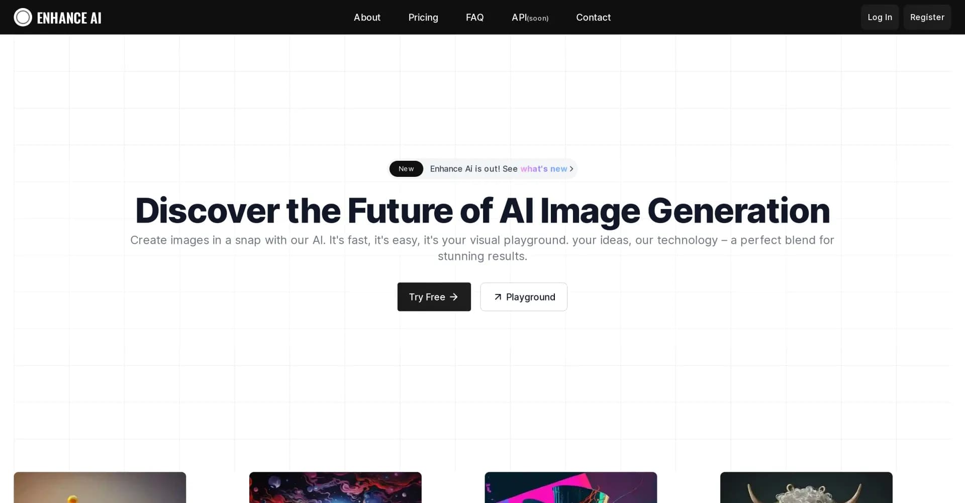 EnhanceAI.art homepage screenshot — Transform ideas into stunning images effortlessly