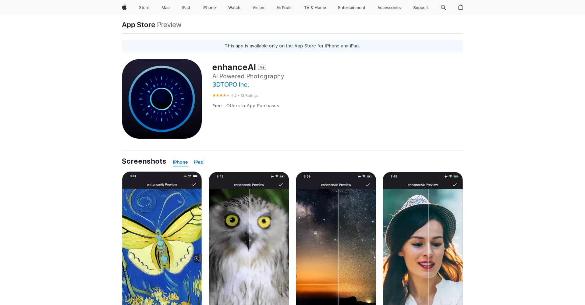 enhanceAI homepage screenshot — Download enhanceAl, entertain and learn on your Apple device