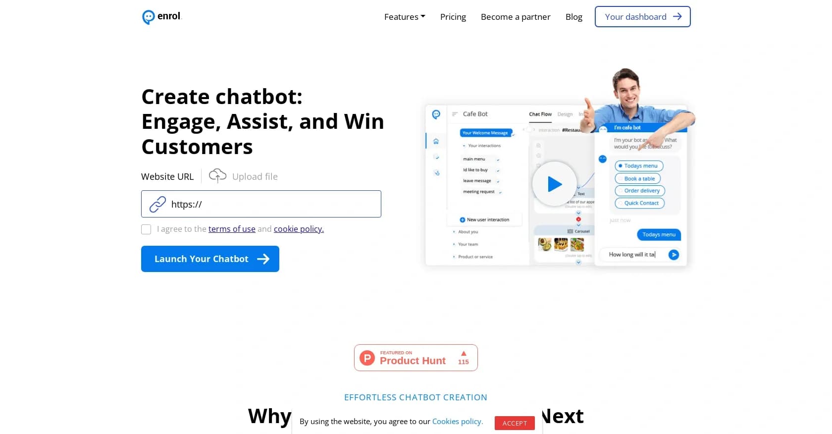 Enrol Chat homepage screenshot — Transform visitors into customers with AI chat.