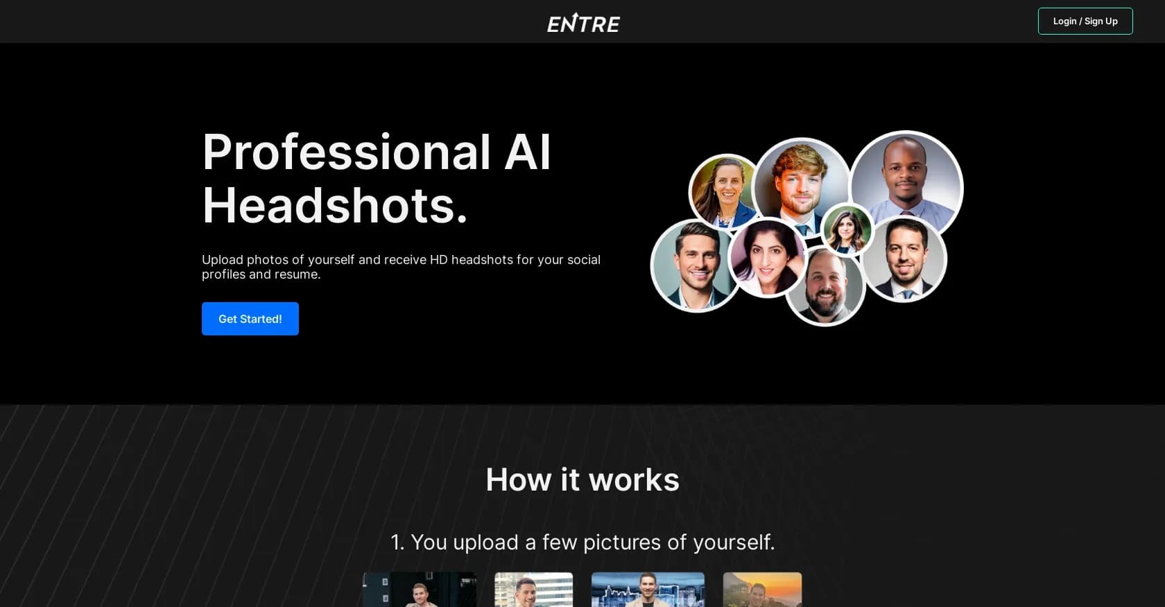 Entre Headshots homepage screenshot — Transform selfies into professional headshots.