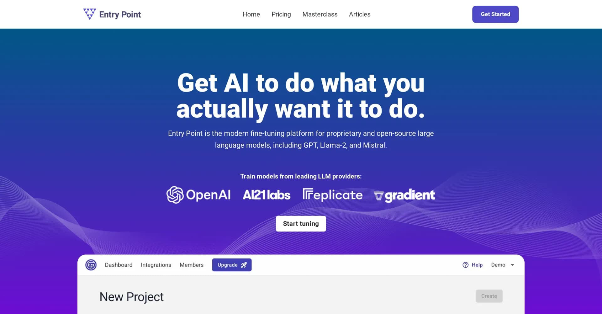 Entry Point AI homepage screenshot — Train custom LLMs with no code required.