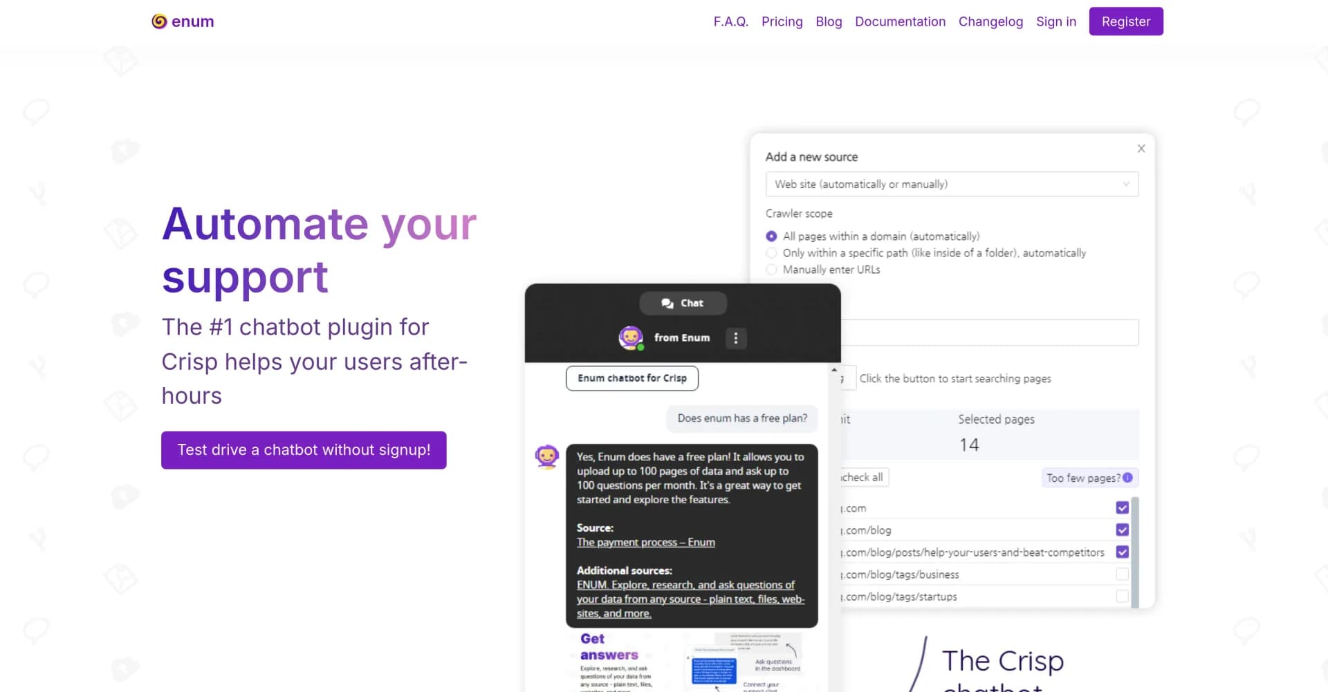 Enum Support homepage screenshot — Automate support with AI chatbots for Crisp