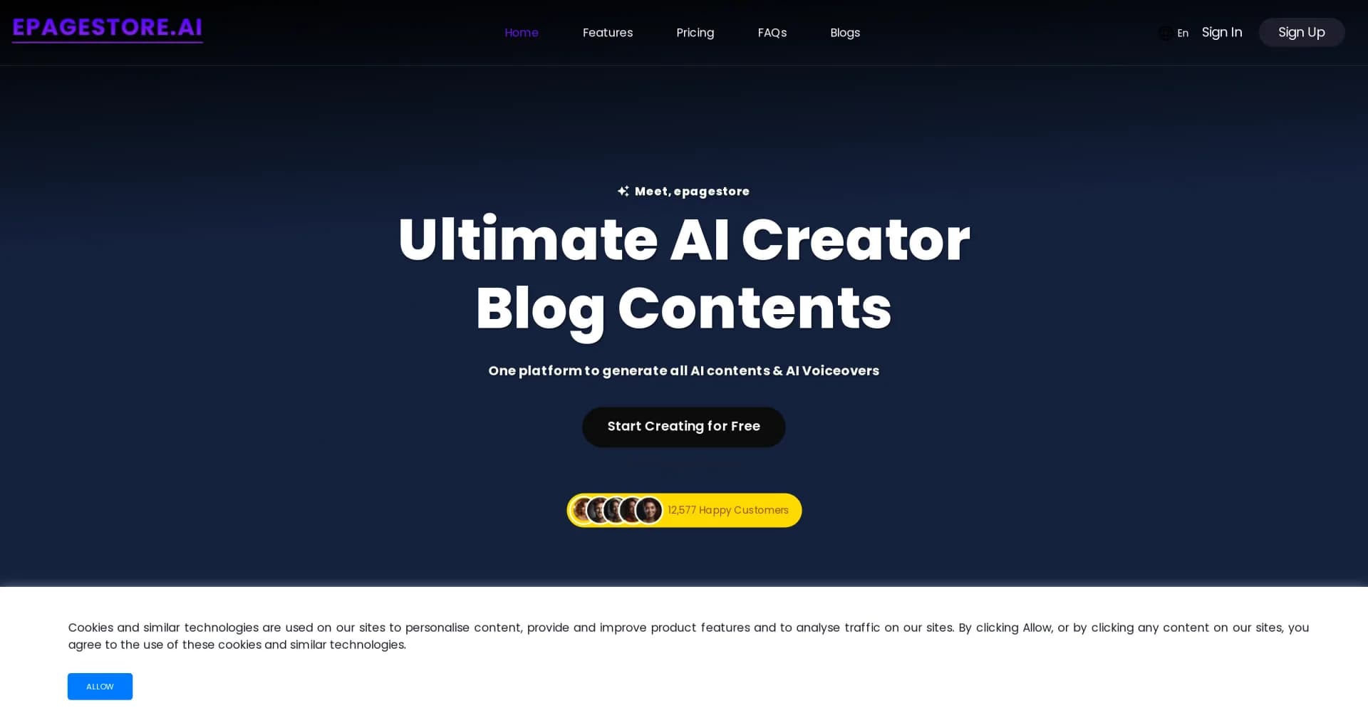 Epagestore homepage screenshot — Generate AI content and voiceovers in one platform.