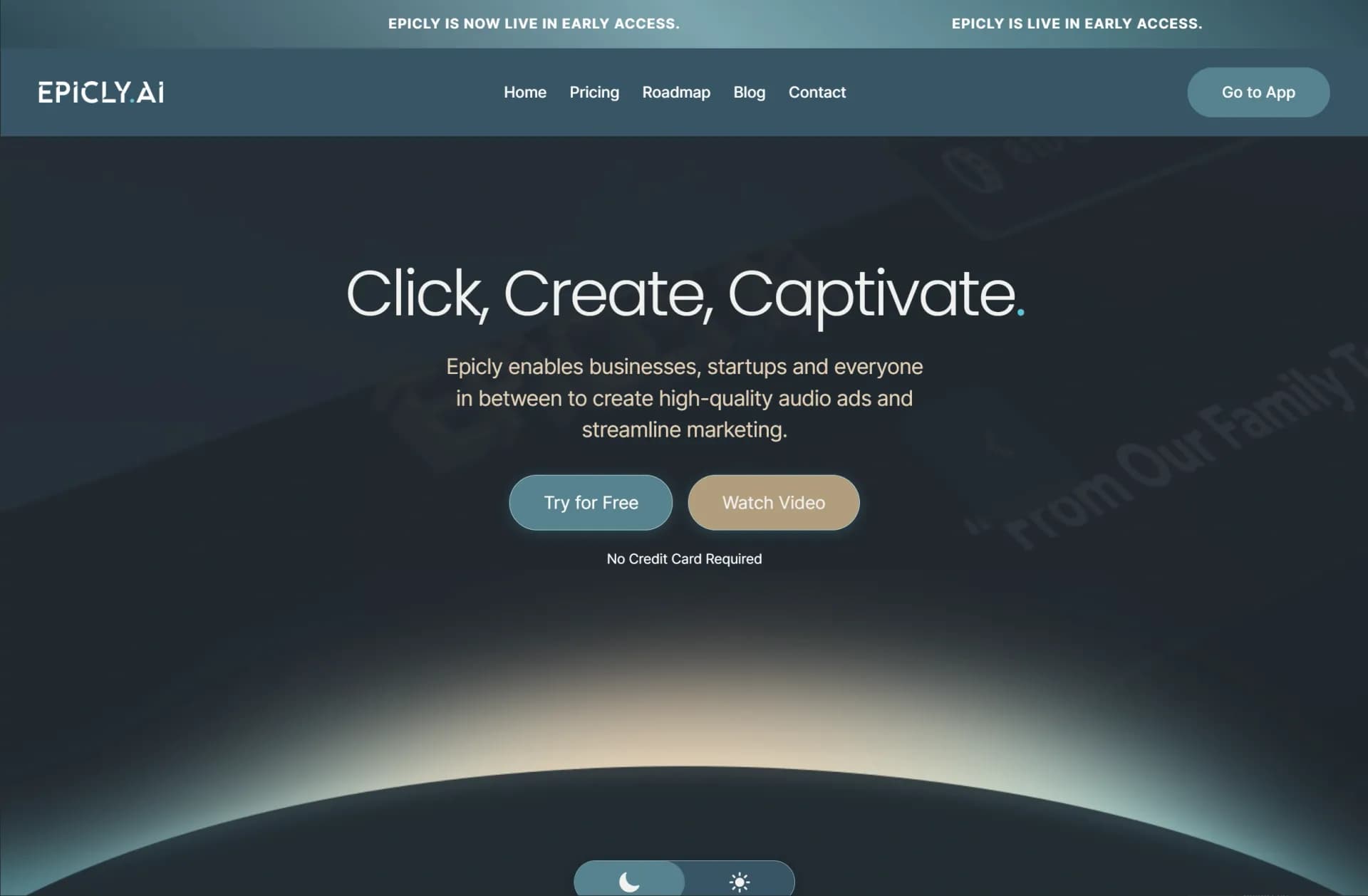 Epicly homepage screenshot — Click, Create, Captivate: AI-powered Ready-to-Use Ads
