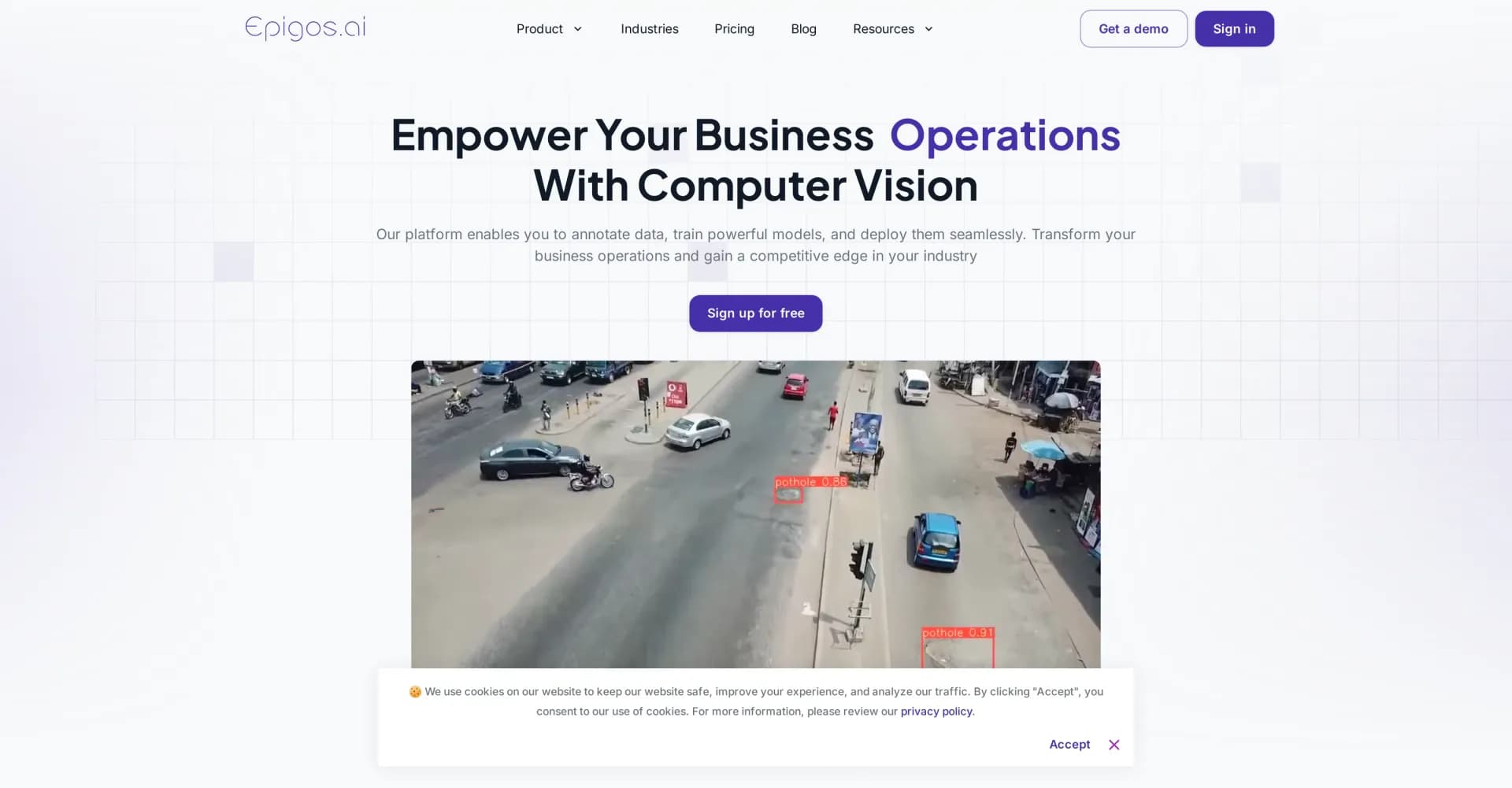 Epigos AI homepage screenshot — Transform operations with powerful computer vision AI