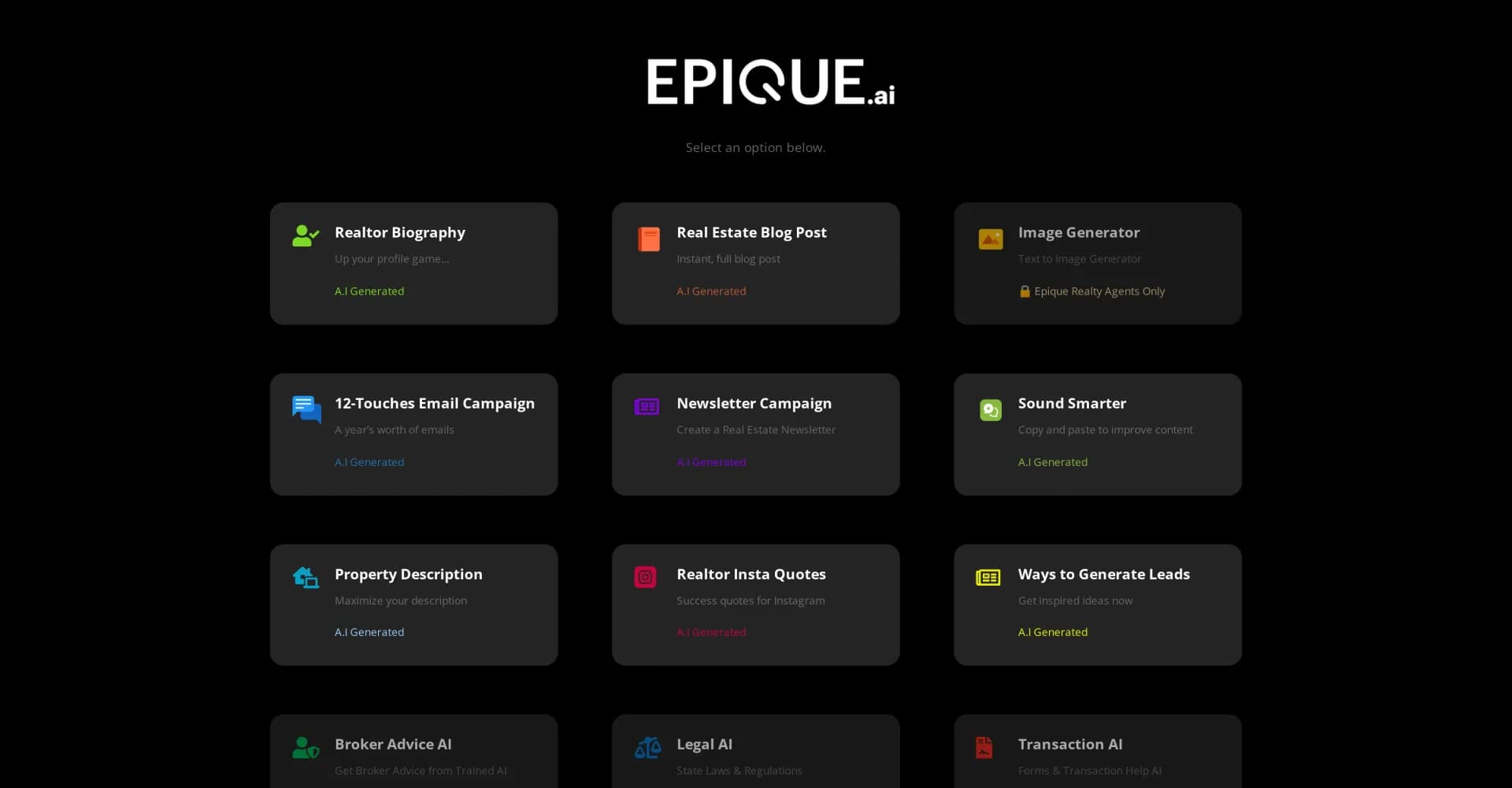 Epique AI homepage screenshot — Elevate your real estate game with AI-powered tools.